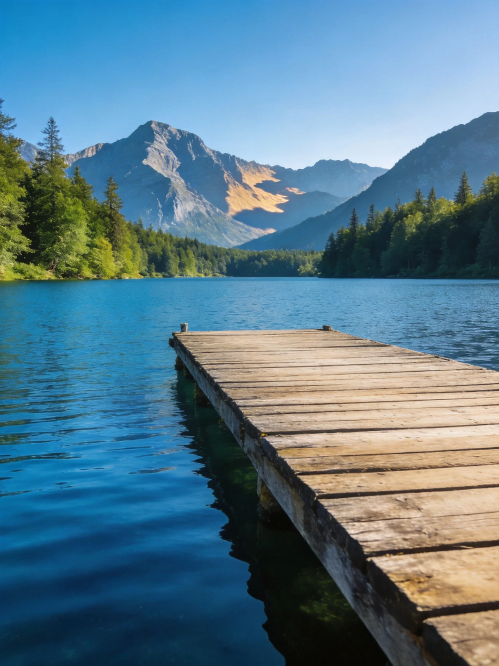 A weathered wooden dock extends over a vibrant blue lake near forested mountains
