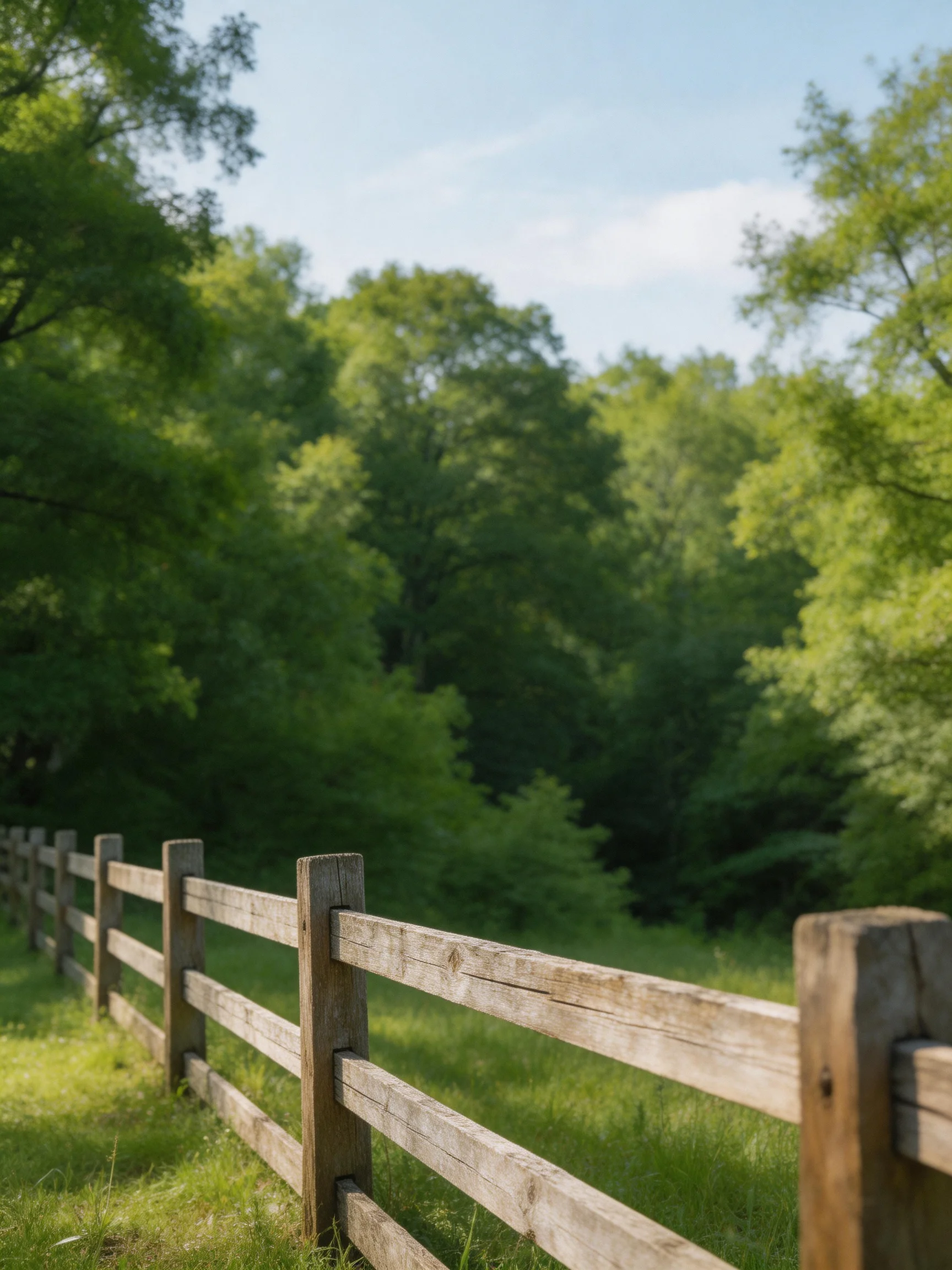 A weathered wooden fence along a lush green forest under bright sky