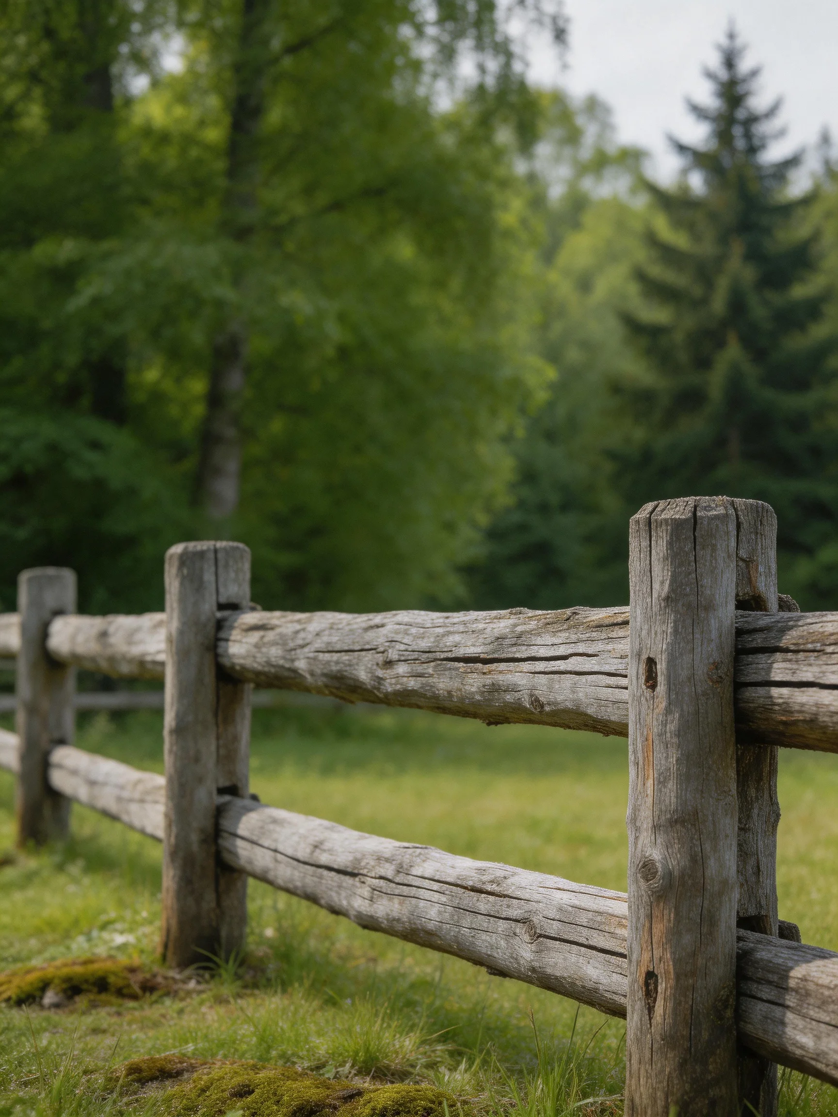 A weathered wooden fence near lush green forested areas