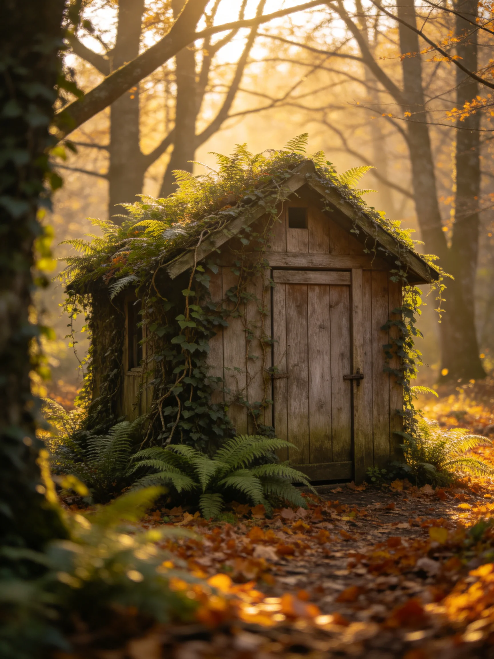 A weathered wooden shed overgrown with ferns in a sunlit forest