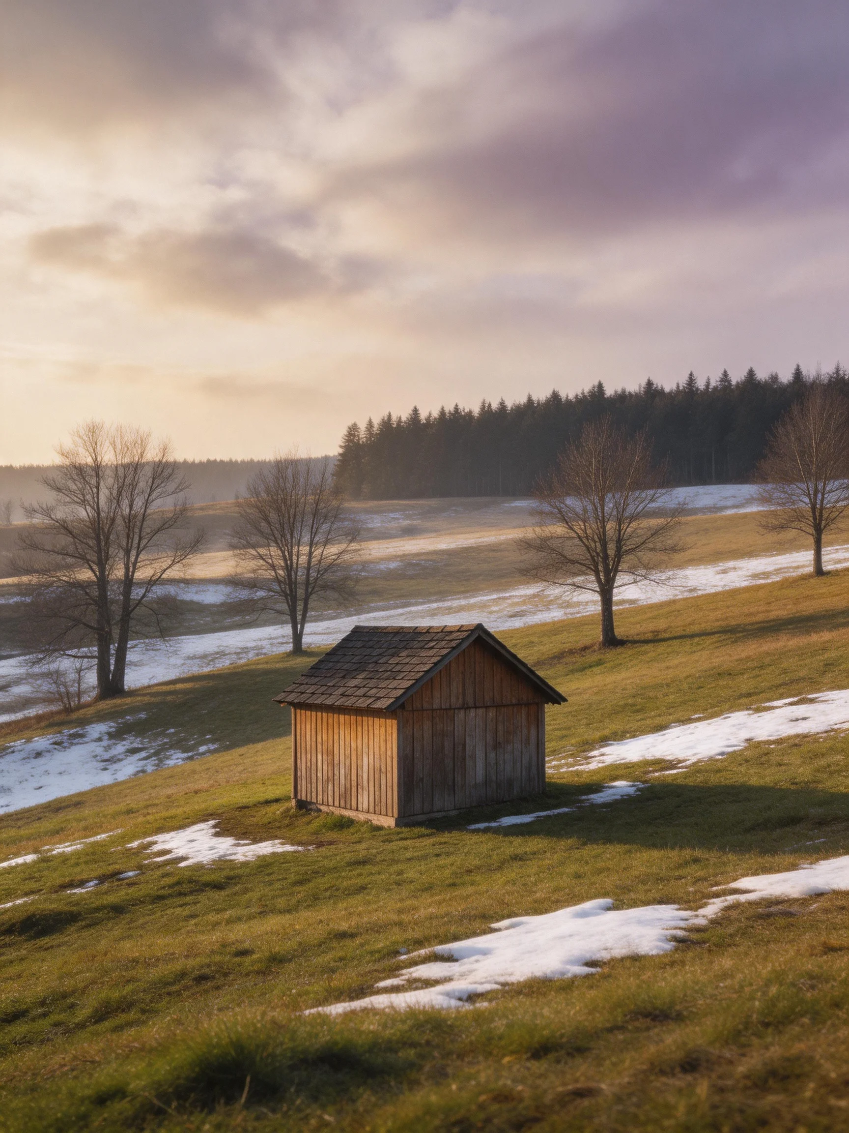 A weathered wooden shed sits amid a partially snow-covered meadow