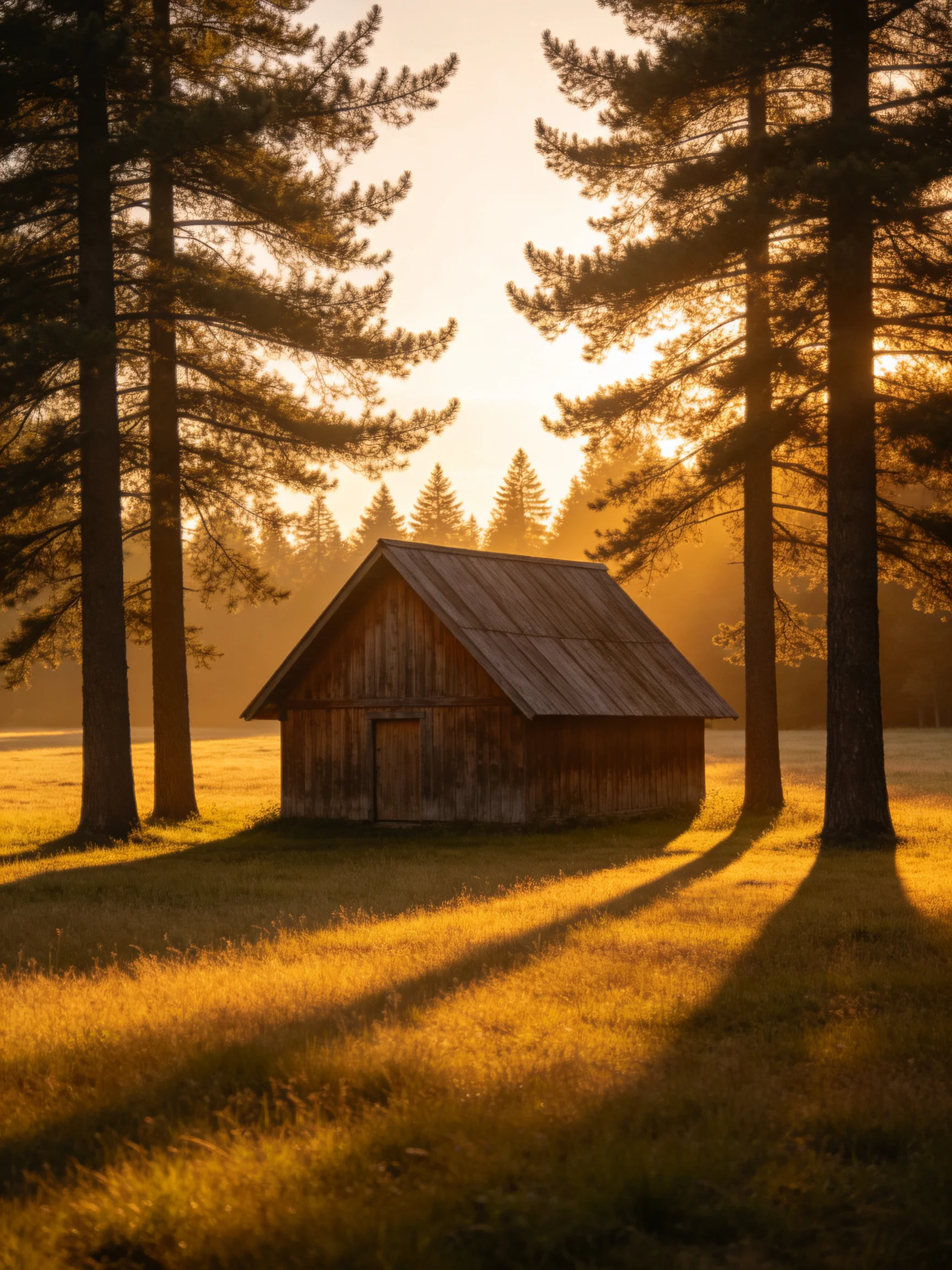 A weathered wooden shed surrounded by tall pine trees in golden sunlight