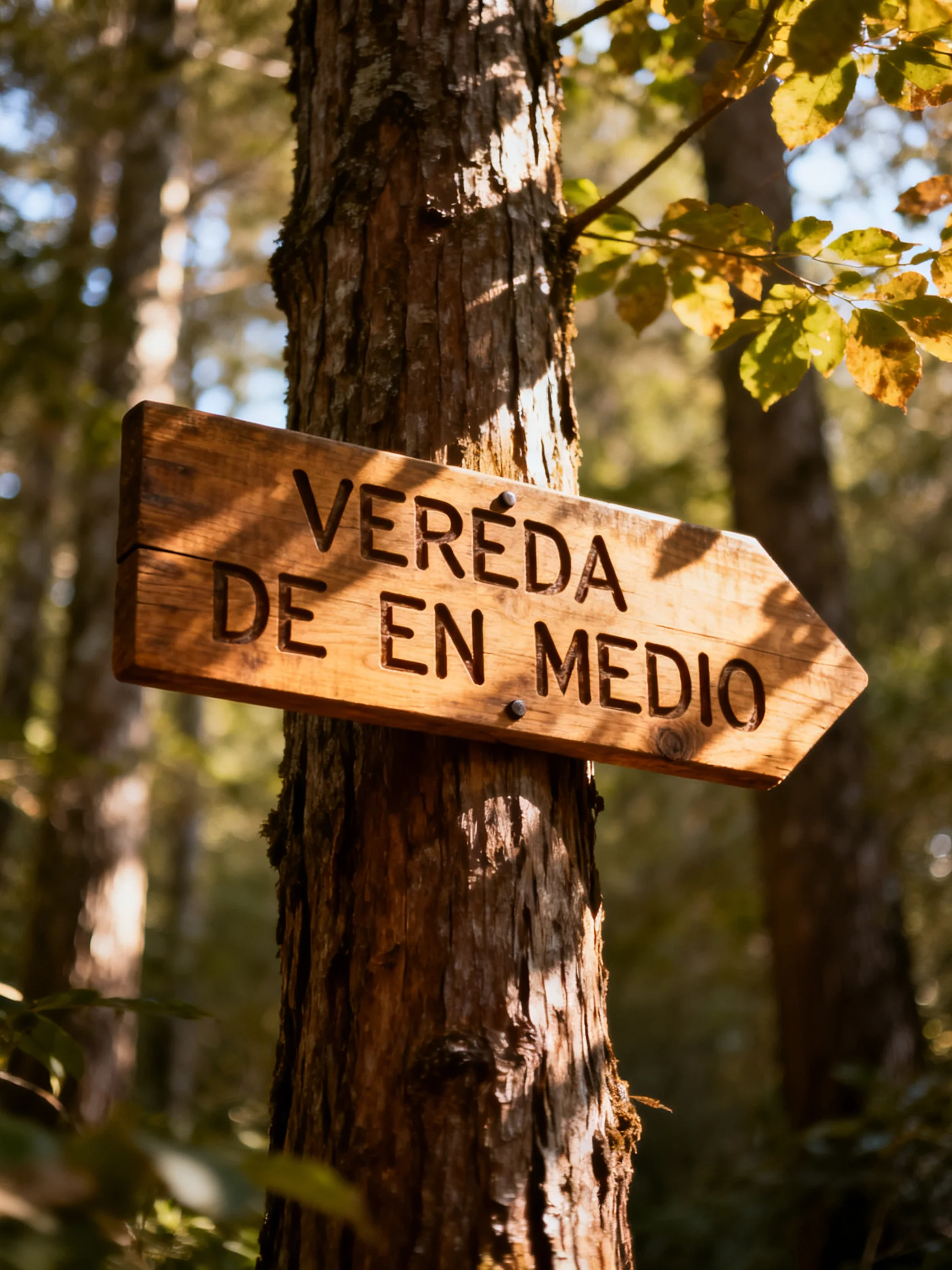 A weathered wooden sign with carved text marks a path on a large tree trunk in a sunlit forest