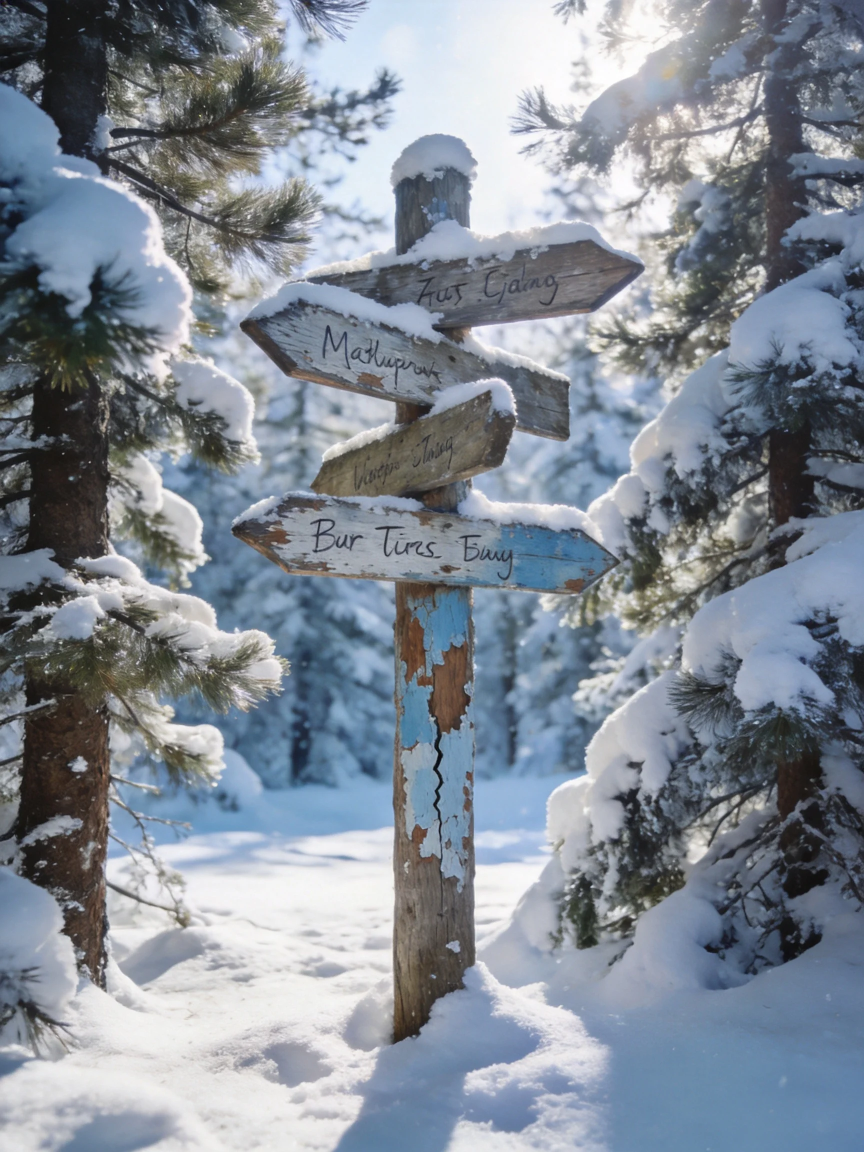 A weathered wooden signpost in a snow-covered winter forest