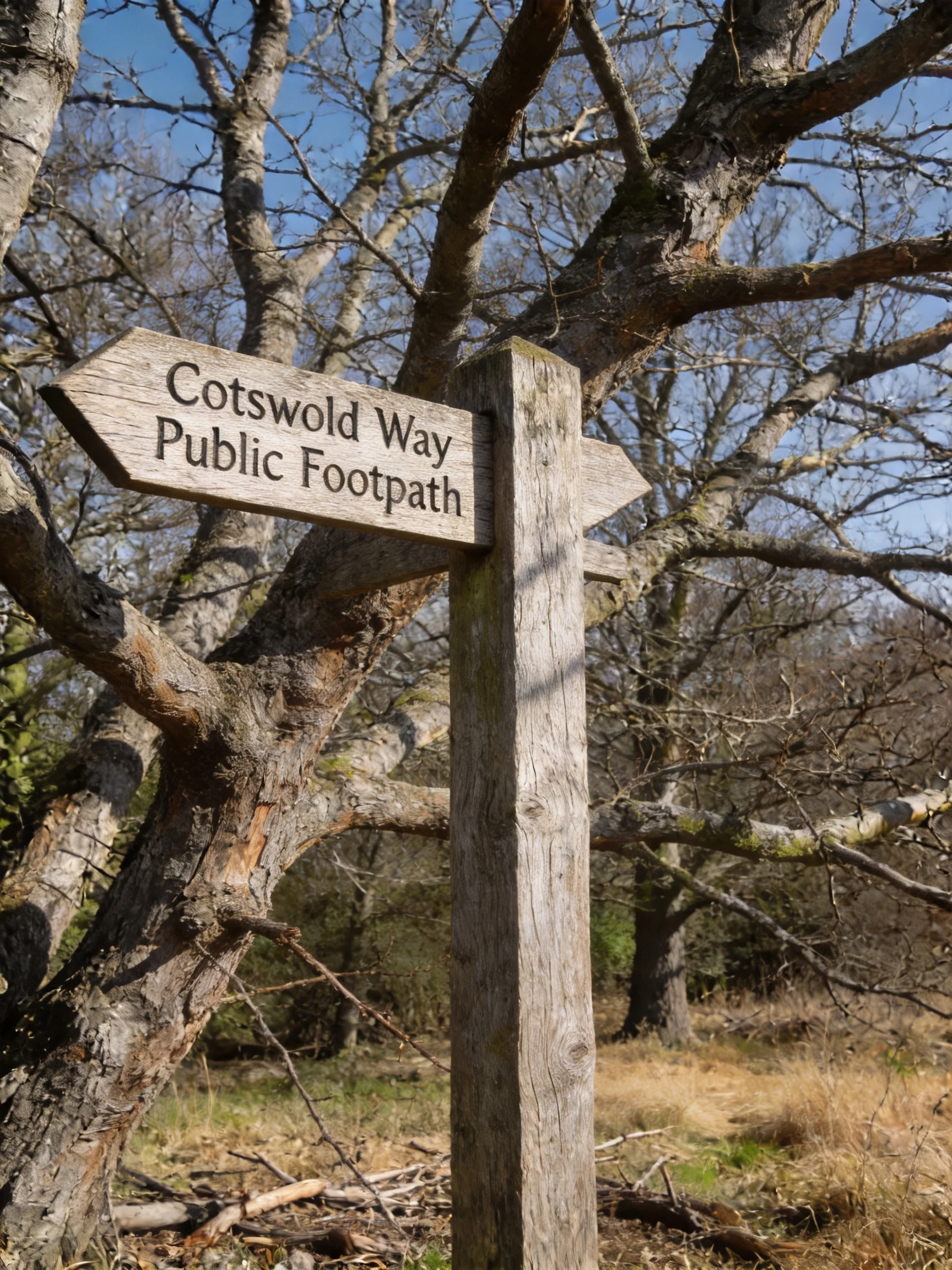 A weathered wooden signpost marks the Cotswold Way Public Footpath amid leafless trees.