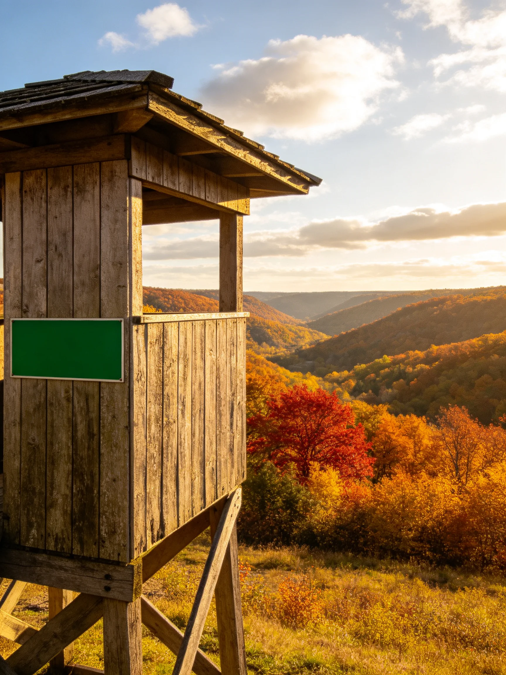 A weathered wooden tower overlooks vibrant fall-colored rolling hills