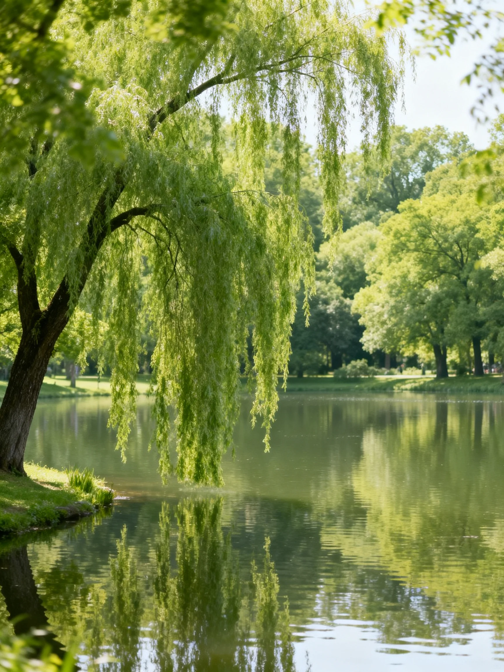A weeping willow tree beside a calm green lake with lush trees