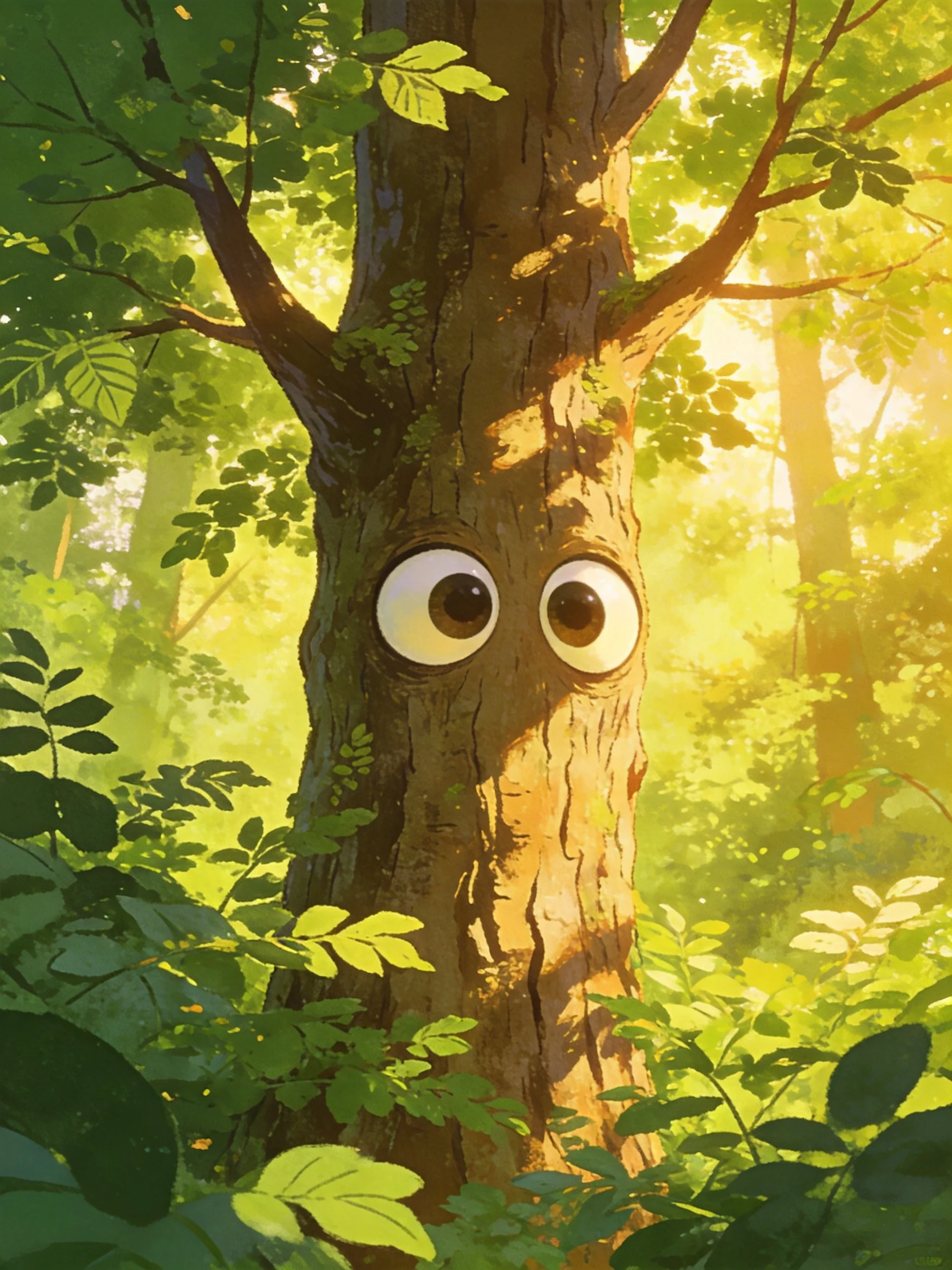 A whimsical tree with large eyes in a sun-dappled forest