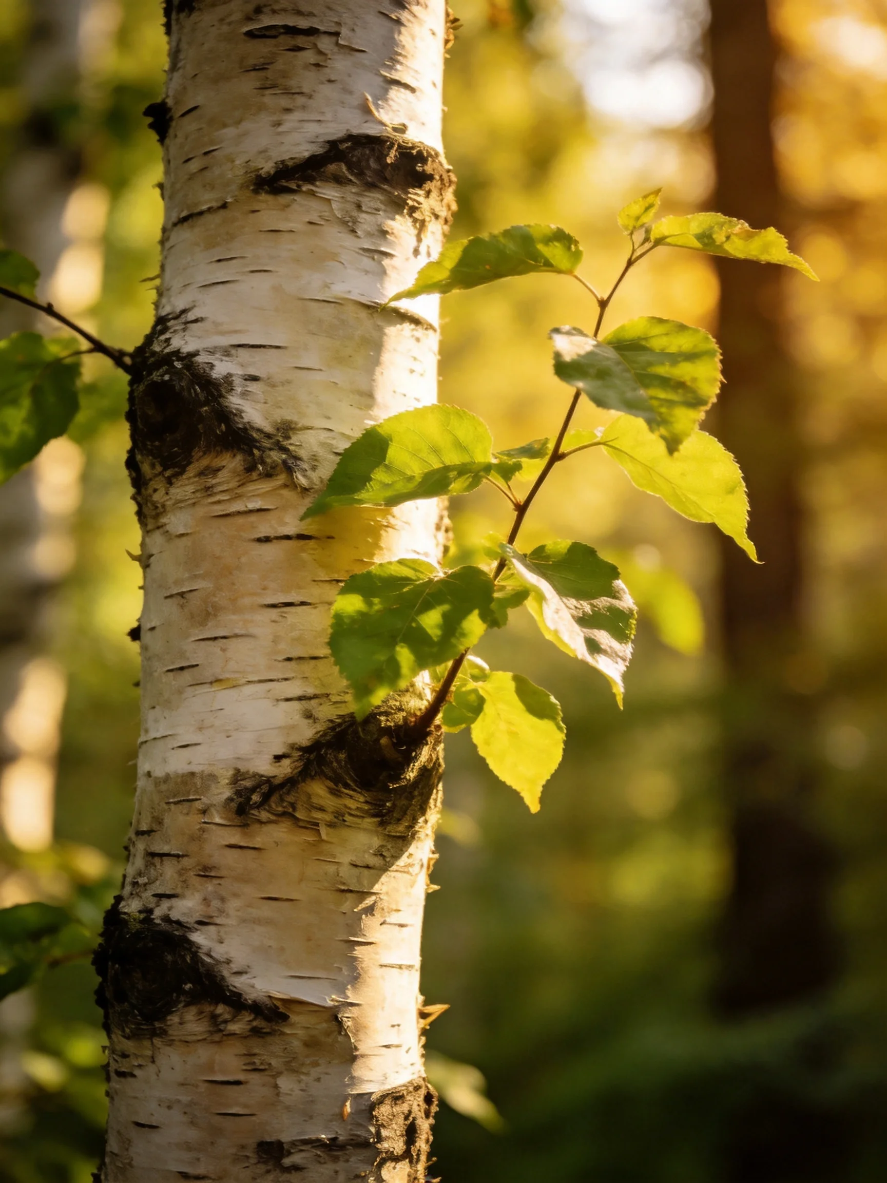 A white - barked birch tree with green leaves in golden light