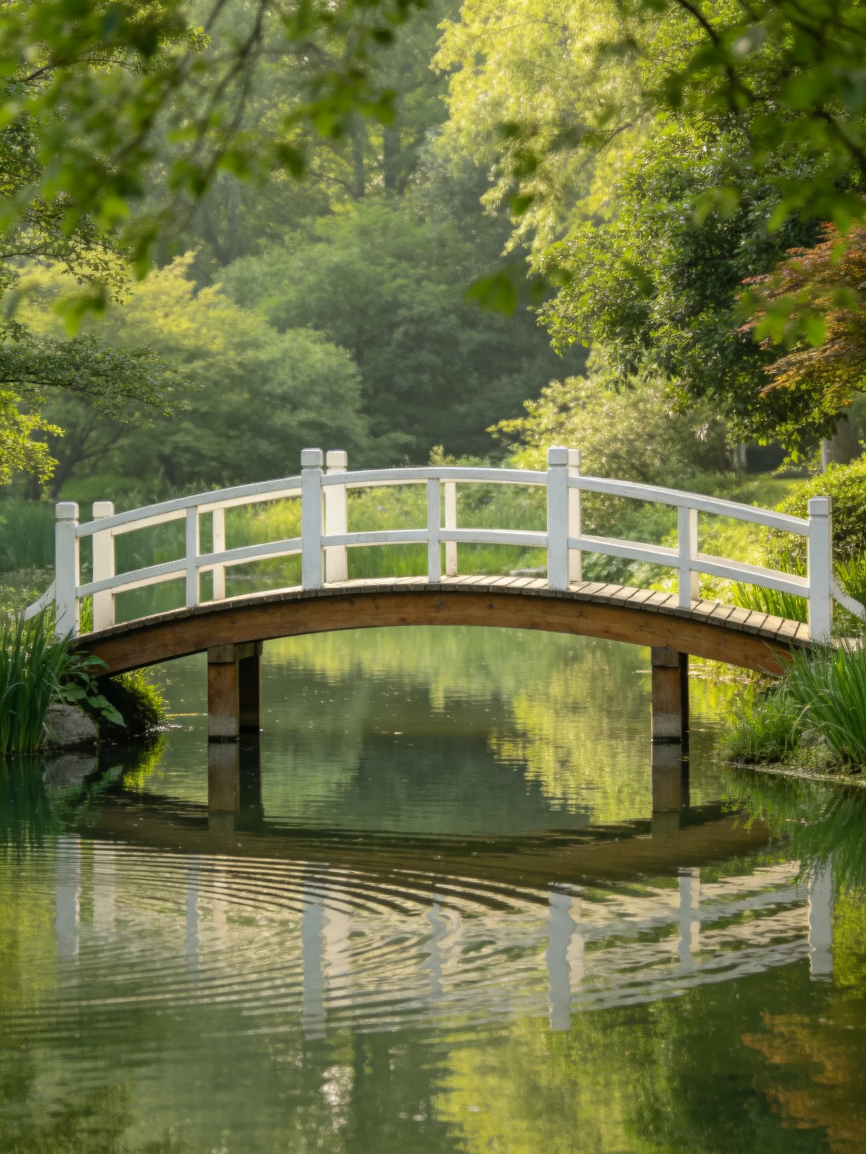 A white arched bridge spans a calm pond amid lush greenery