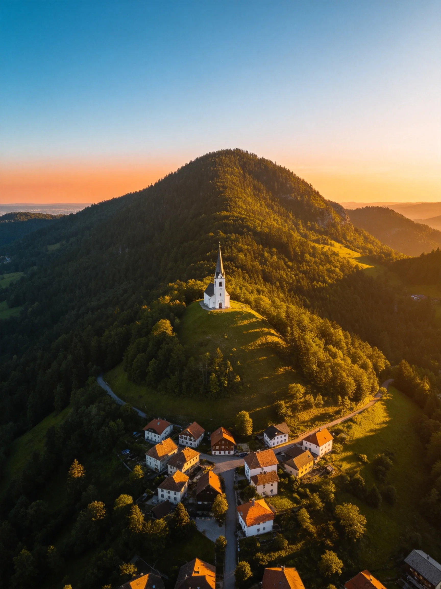 A white church atop a forested hill near a small village at golden hour
