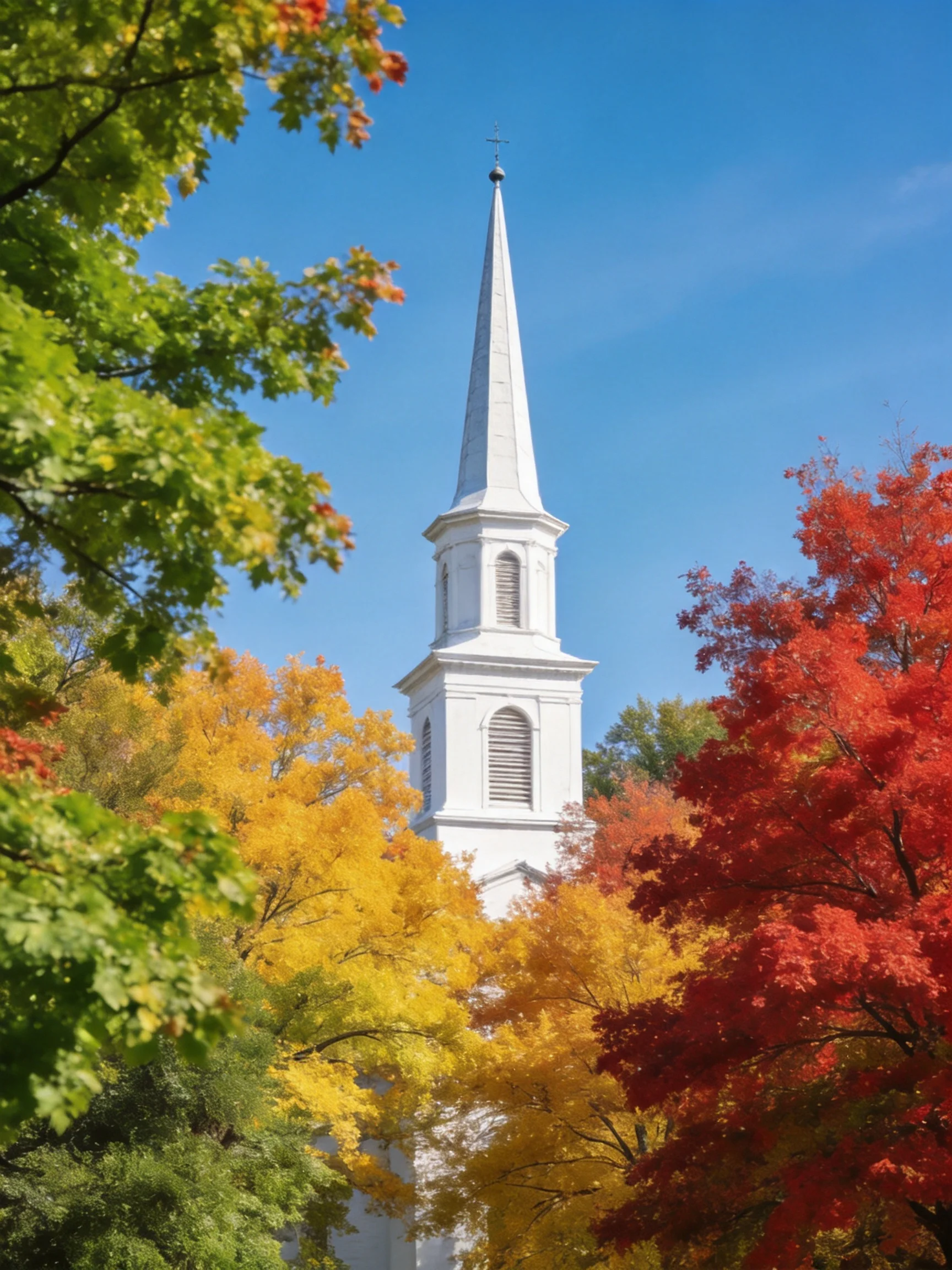 A white church steeple framed by vibrant autumn foliage under a clear blue sky