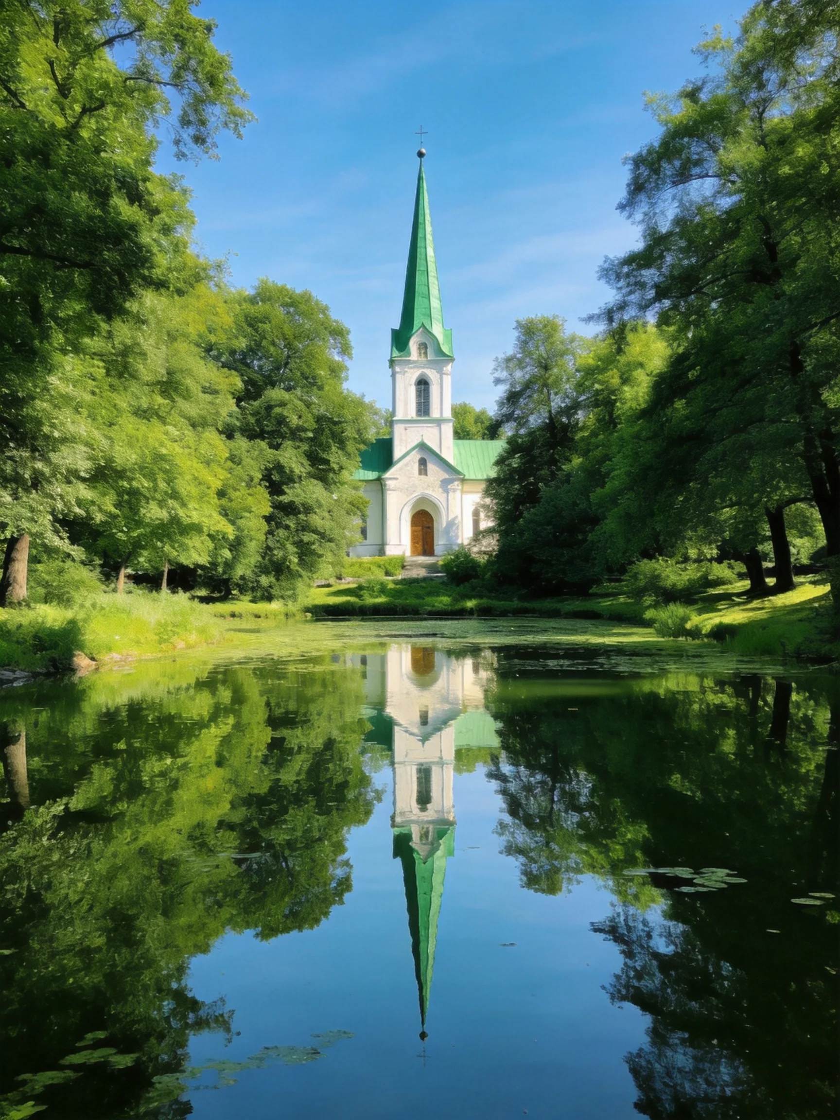 A white church with a green spire reflected in a still pond surrounded by lush trees