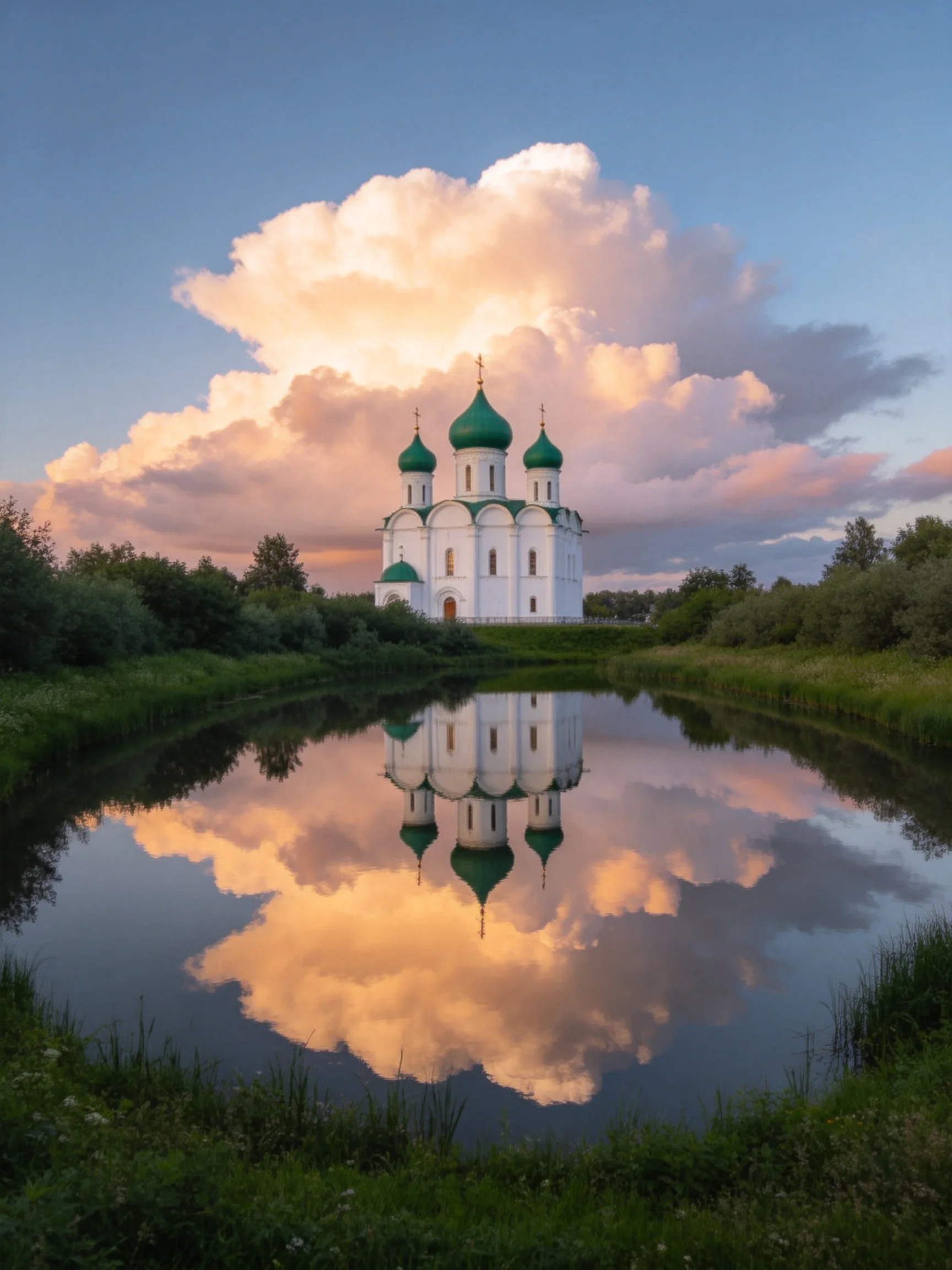 A white church with green domes reflects in a calm river under golden clouds