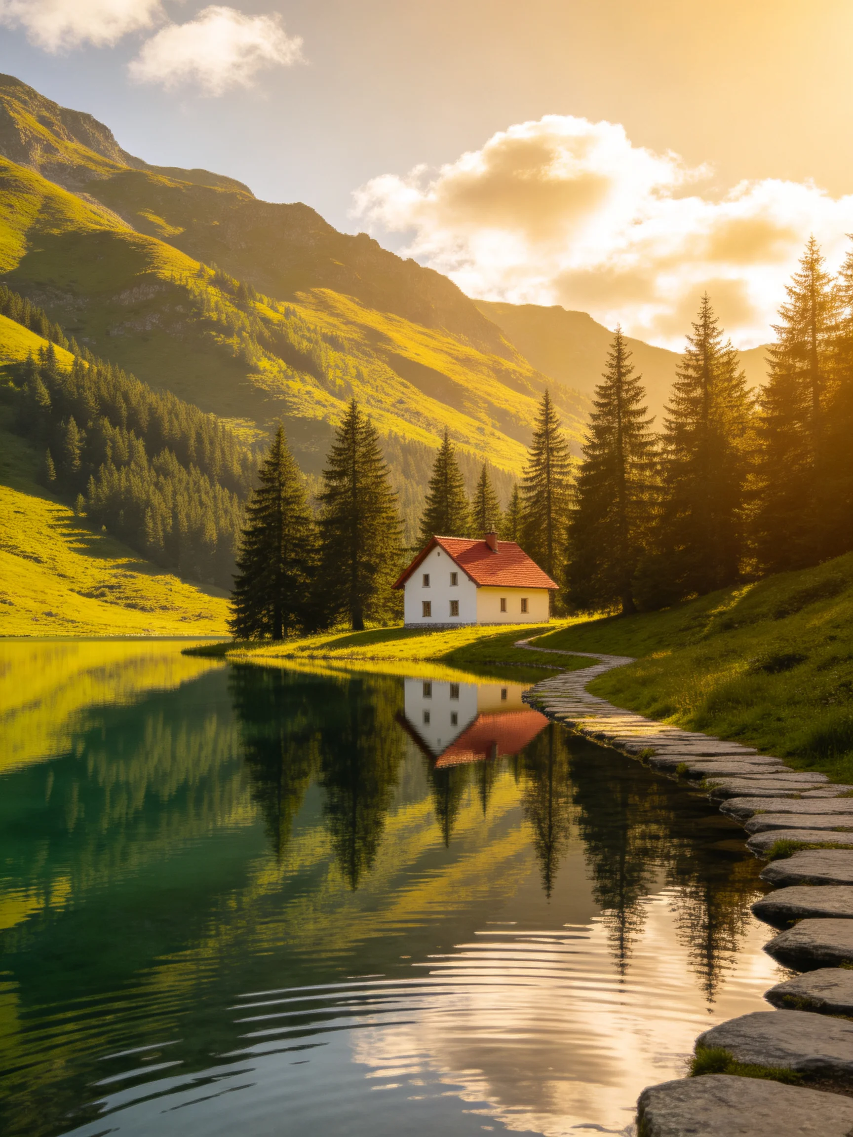 A white cottage with red roof near a scenic mountain lake