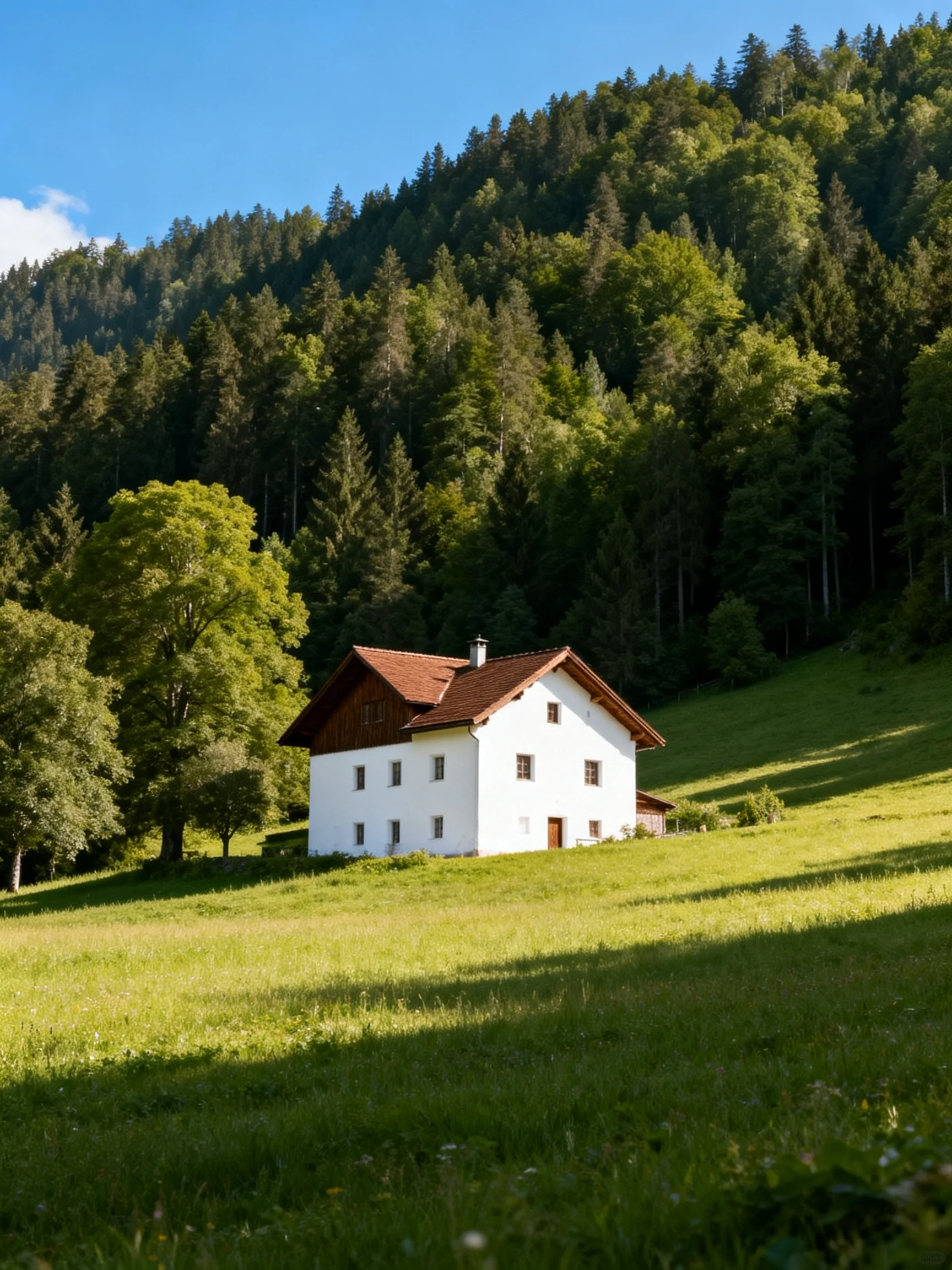 A white farmhouse nestled in a lush green meadow with forested hills