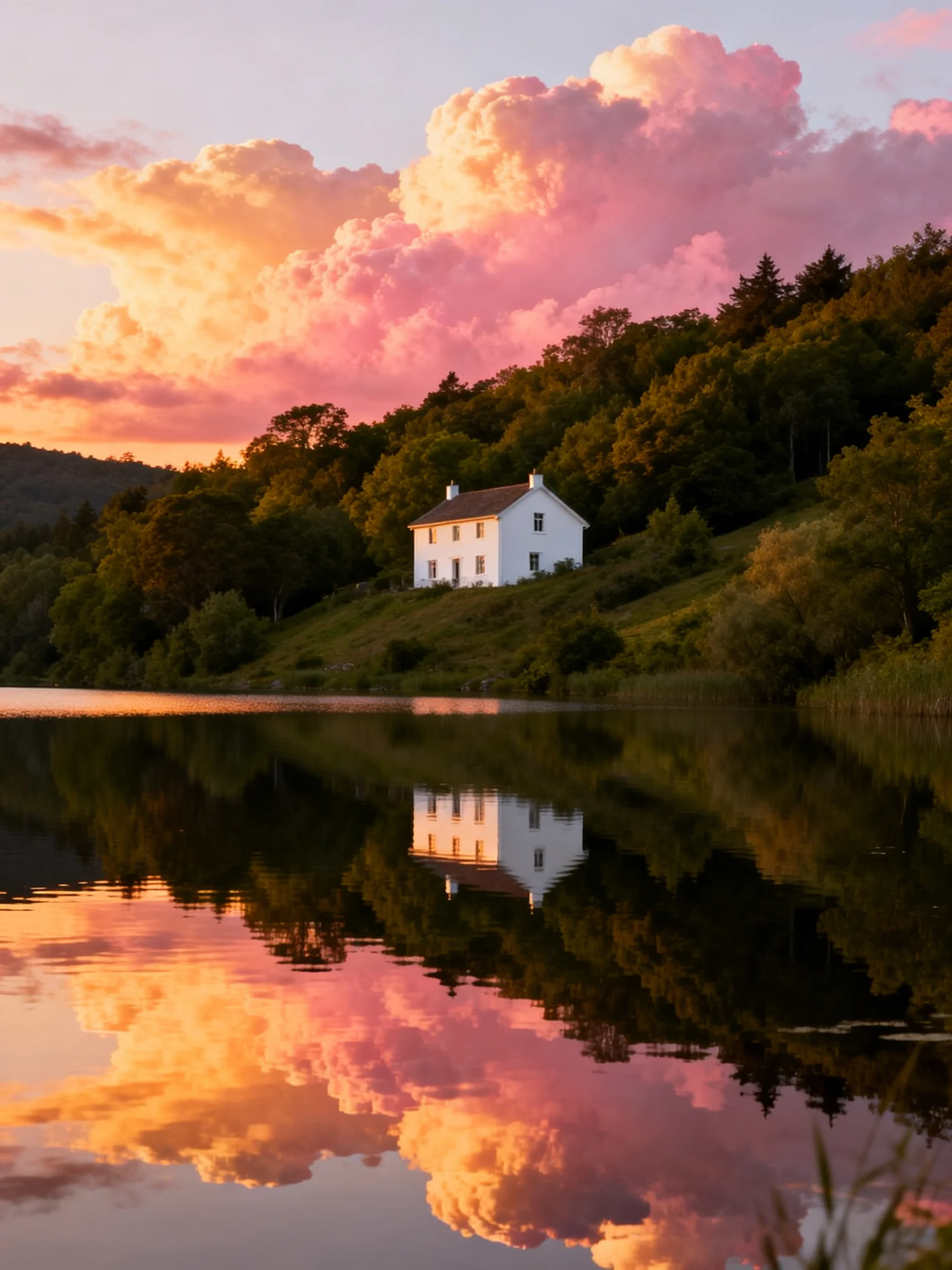 A white house by a calm lake reflects pink sunset clouds