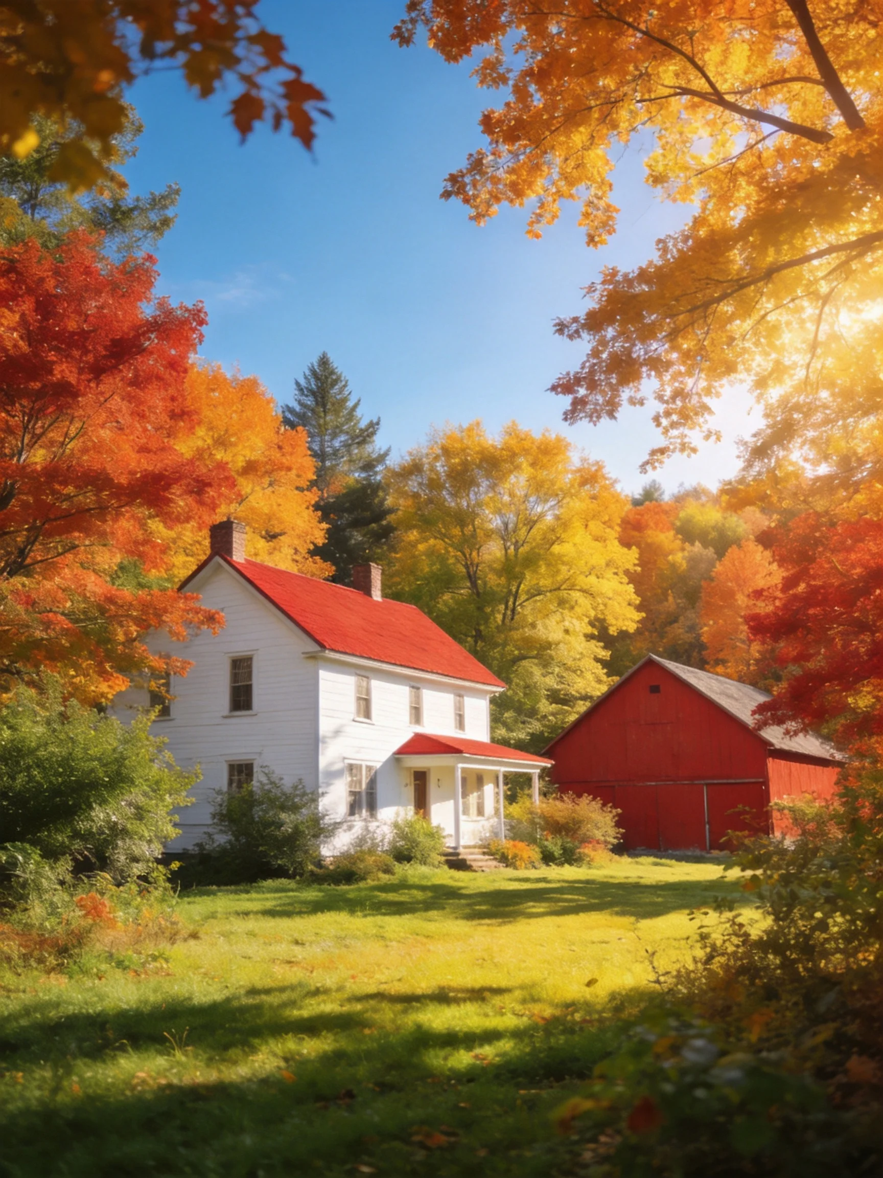 A white house with red roof beside a red barn amid vibrant autumn foliage