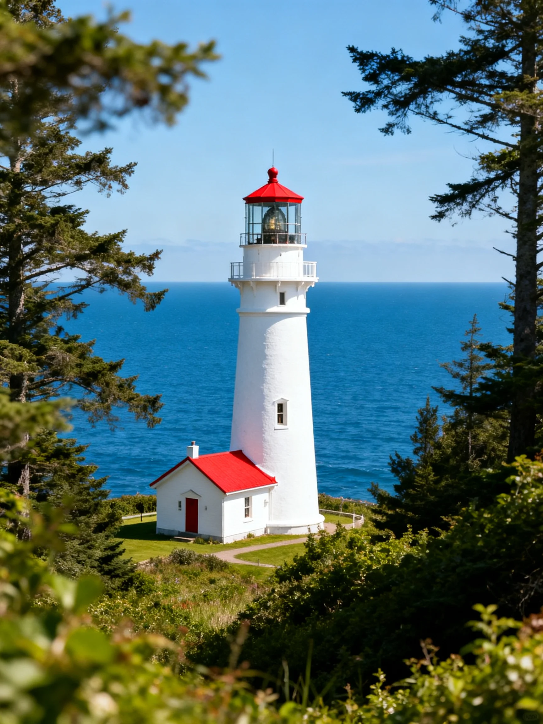 A white lighthouse with red roof overlooks blue ocean between trees
