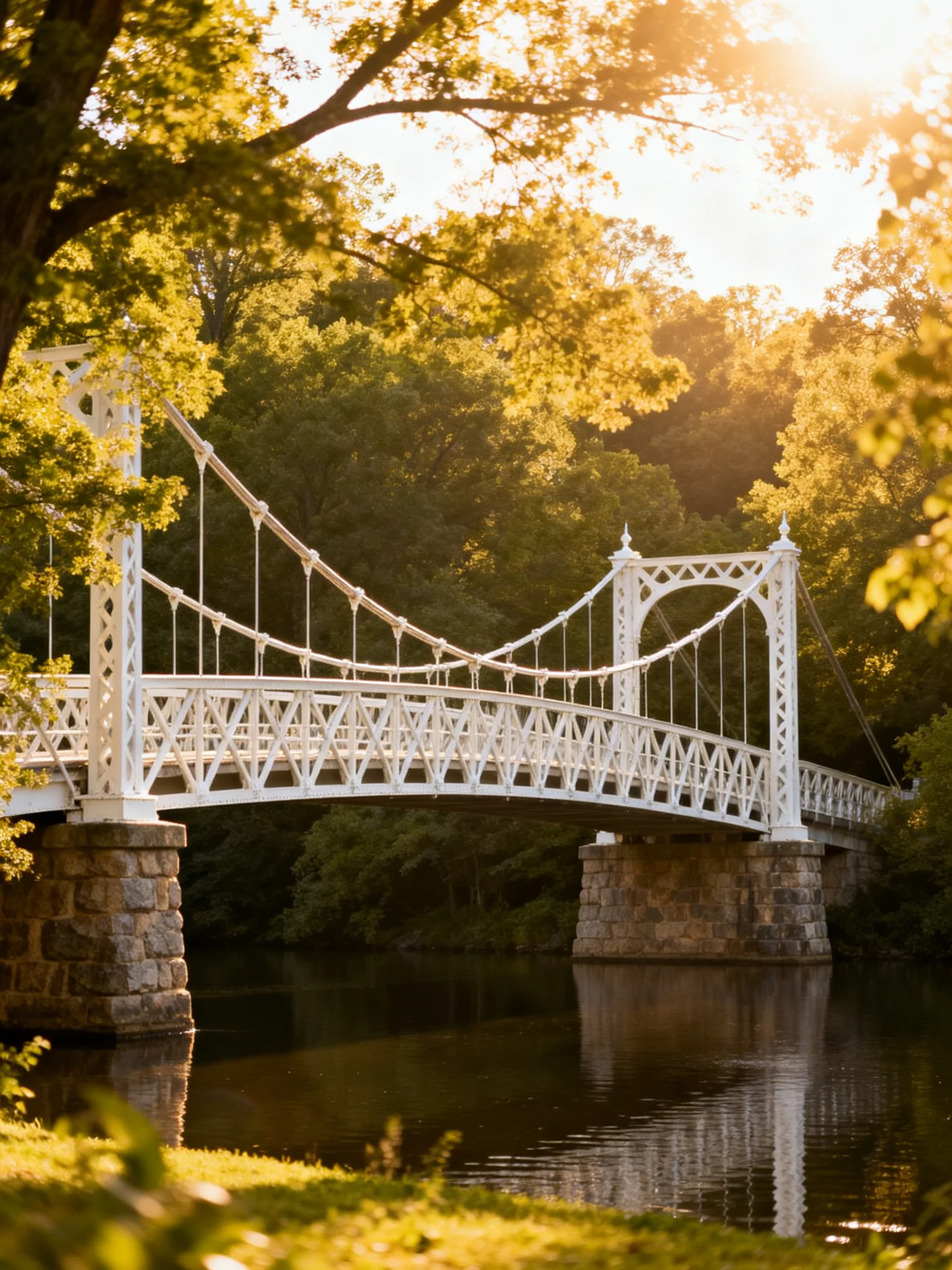 A white ornate suspension bridge spans a calm river amid lush greenery