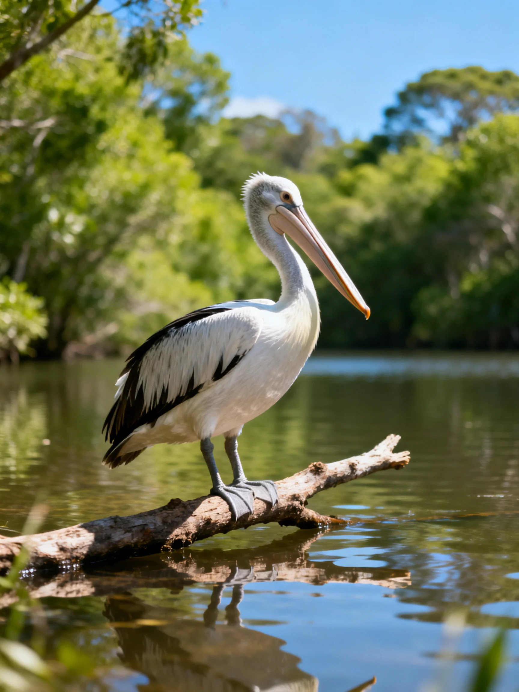 A white pelican perched on a brown branch over calm water