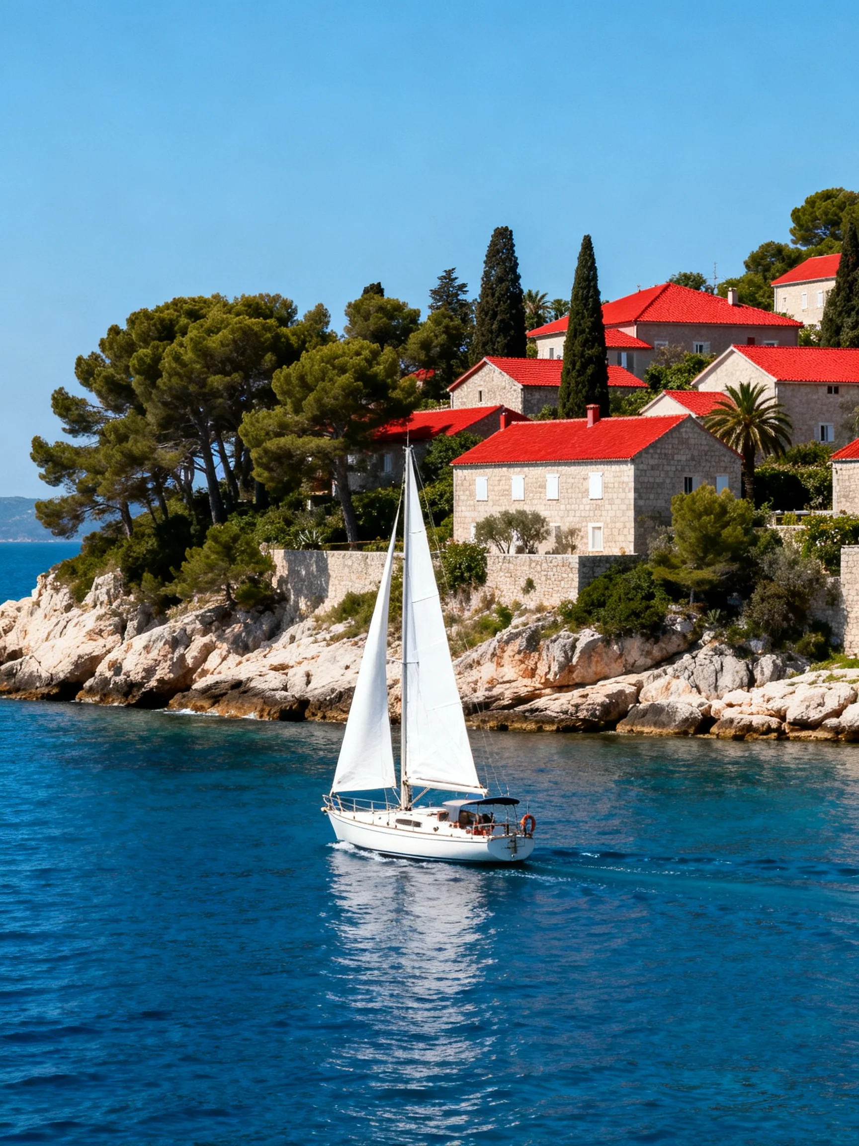 A white sailboat near red-roofed coastal stone homes on blue waters