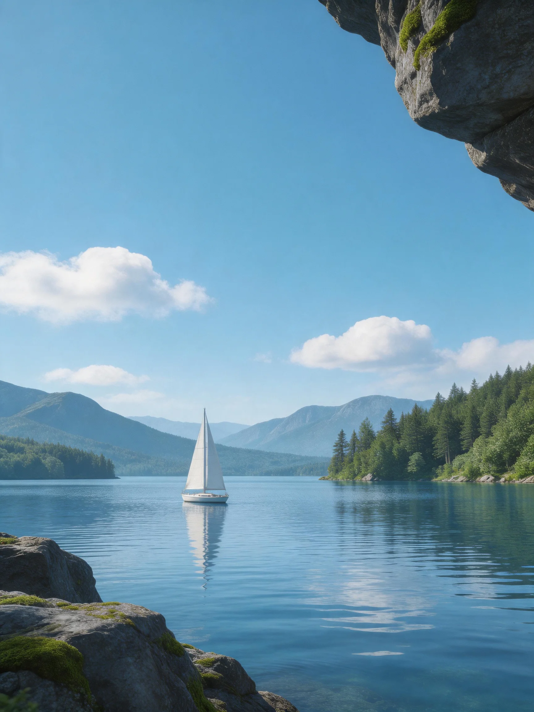 A white sailboat on a calm blue lake near forested mountains
