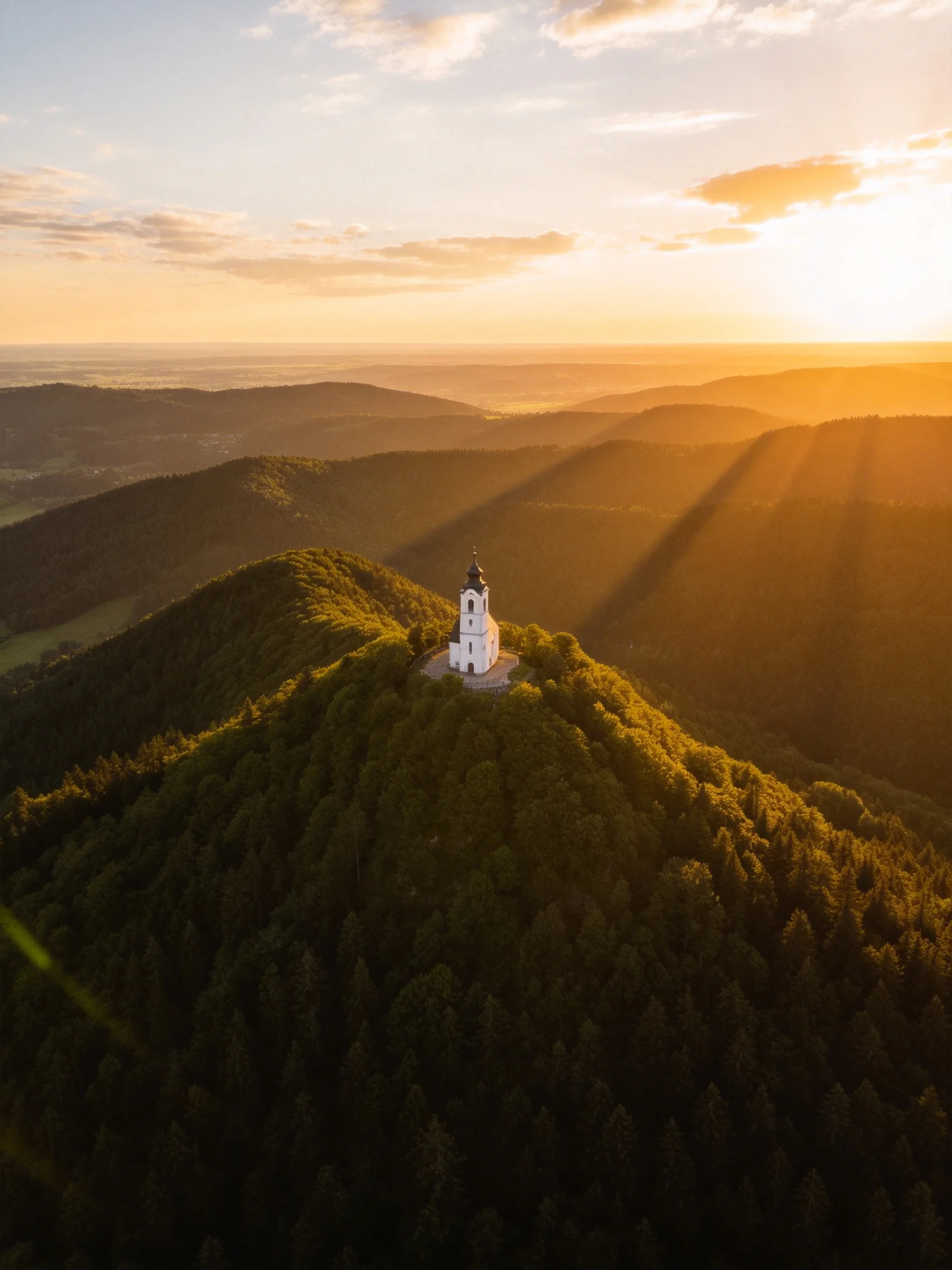 A white tower atop a lush forested hill during golden-hour sunset