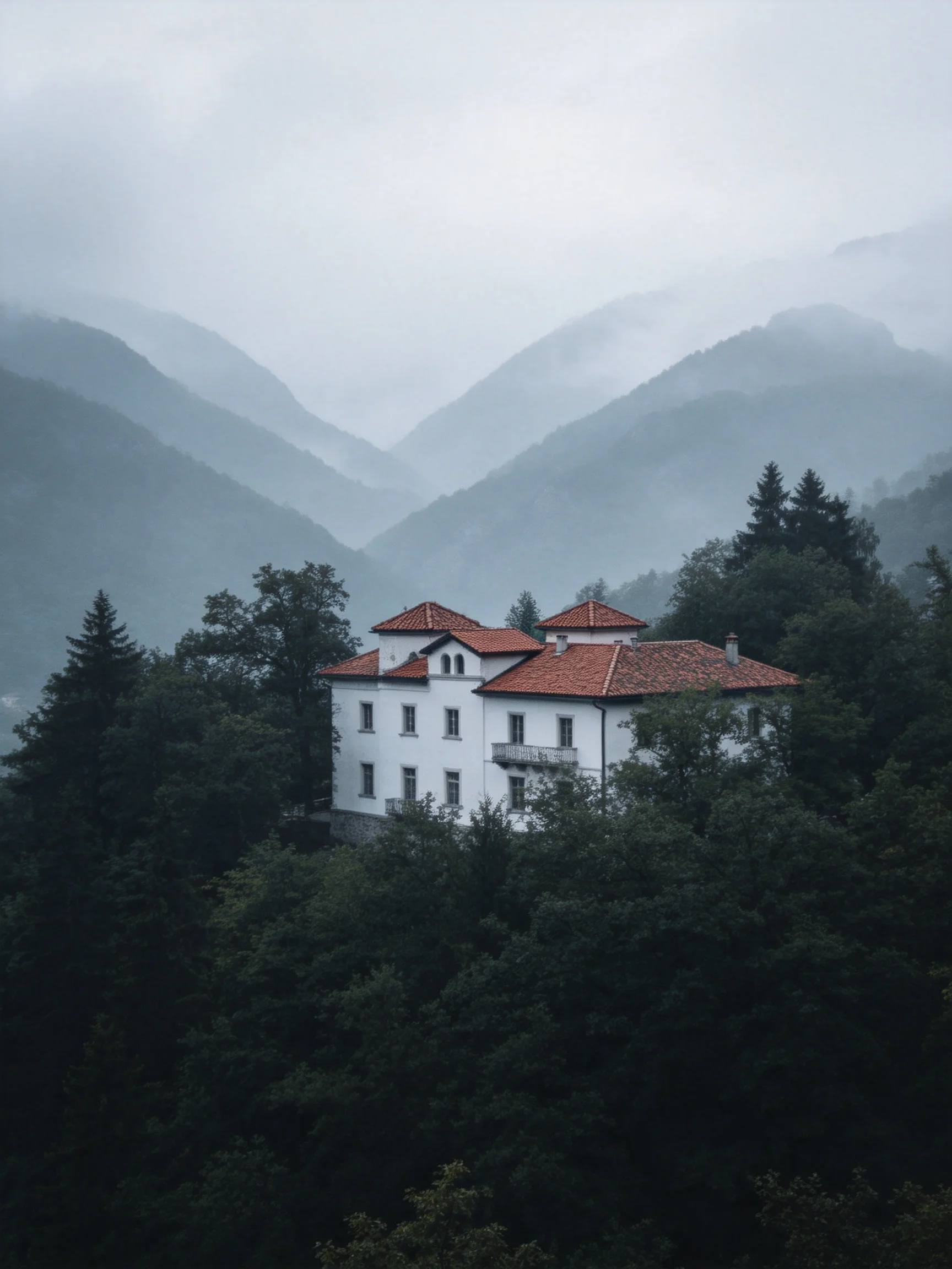 A white villa with red-tiled roofs amid misty mountain forests