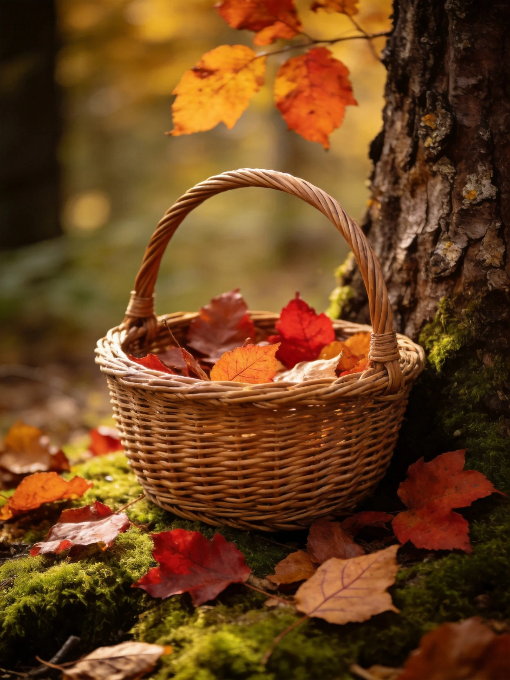 A wicker basket filled with colorful autumn leaves beside a mossy tree trunk