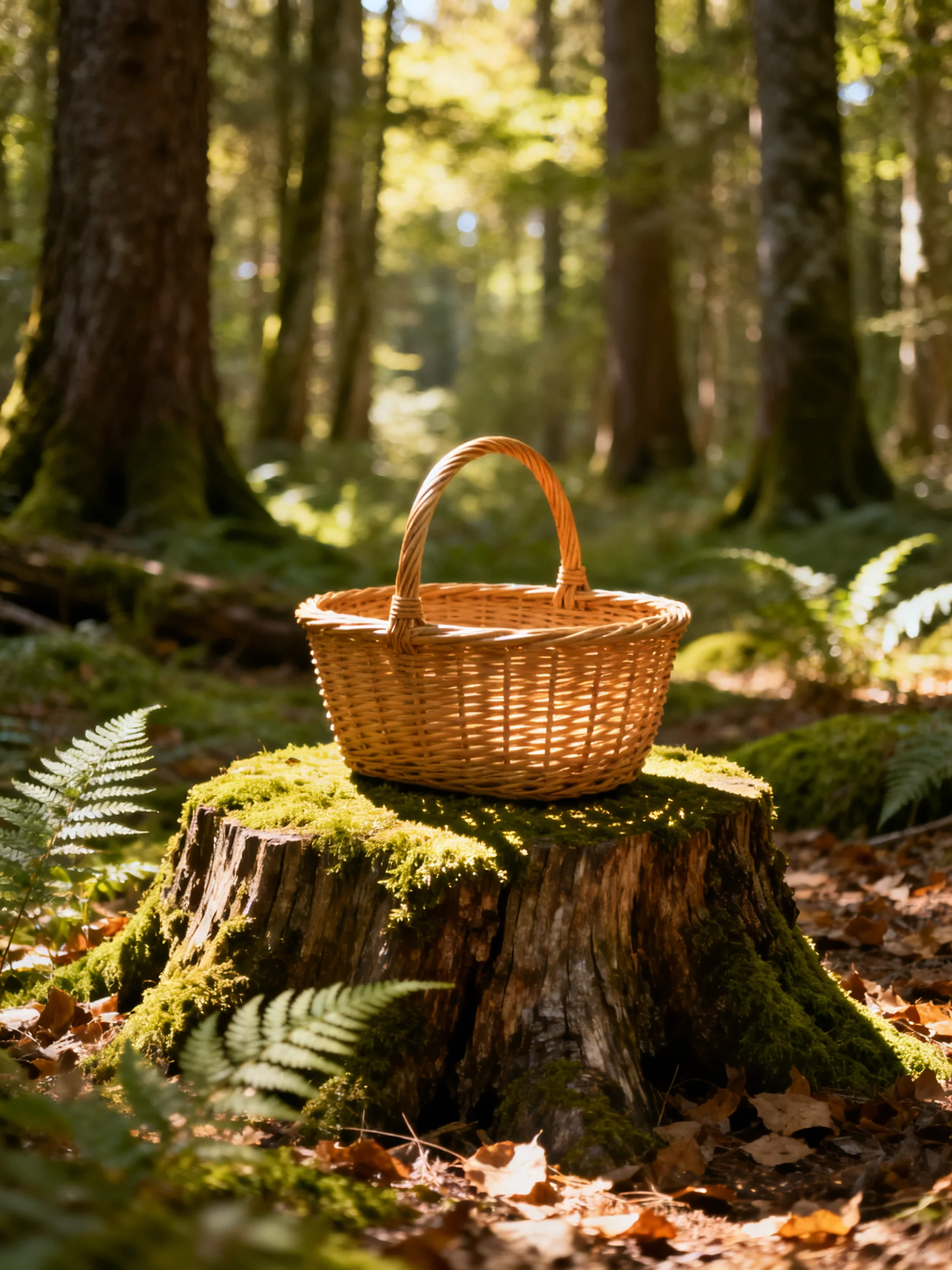 A wicker basket sits atop a moss-covered tree stump in a sunlit forest
