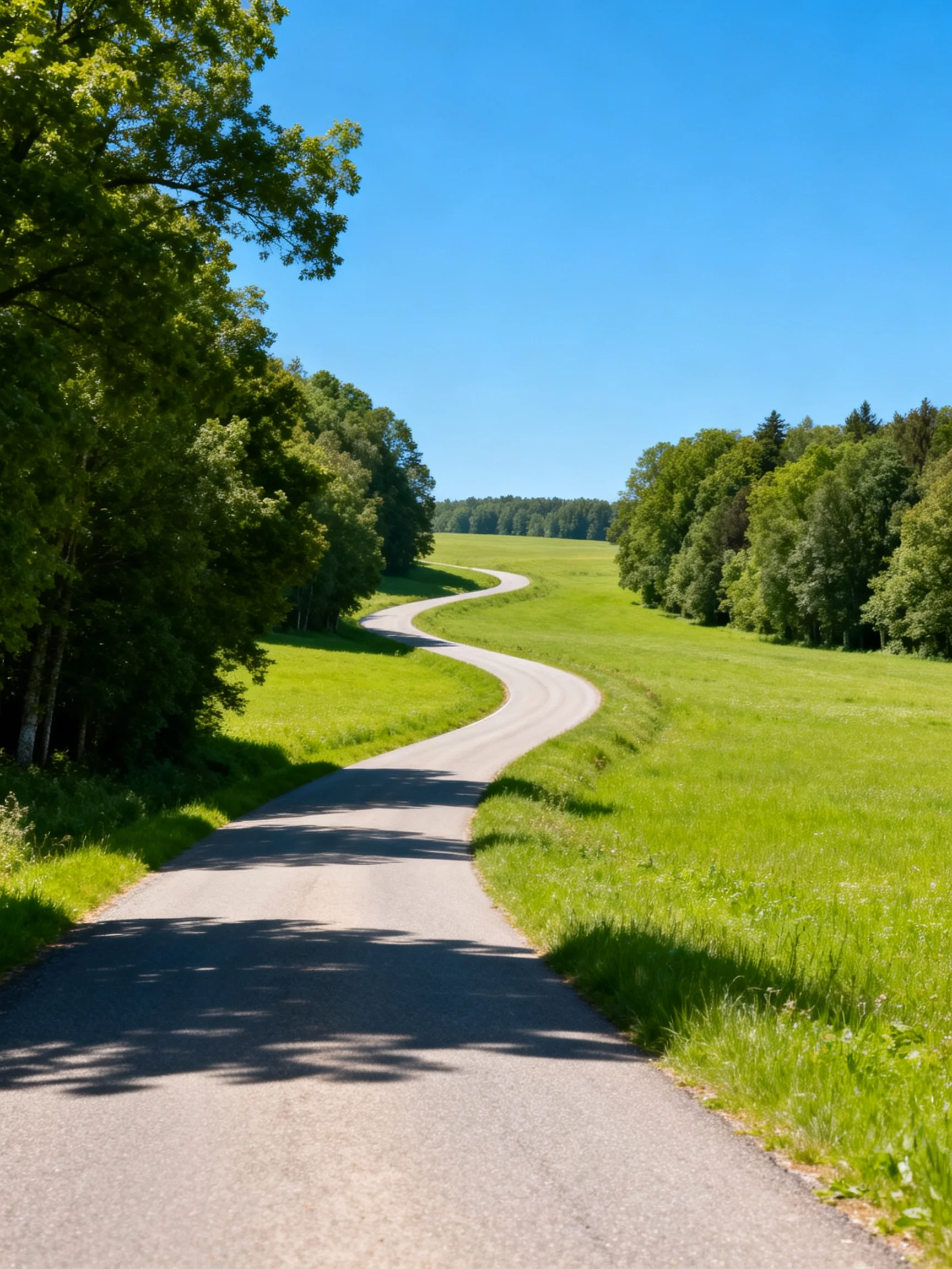 A winding asphalt path through lush green meadows near forested areas