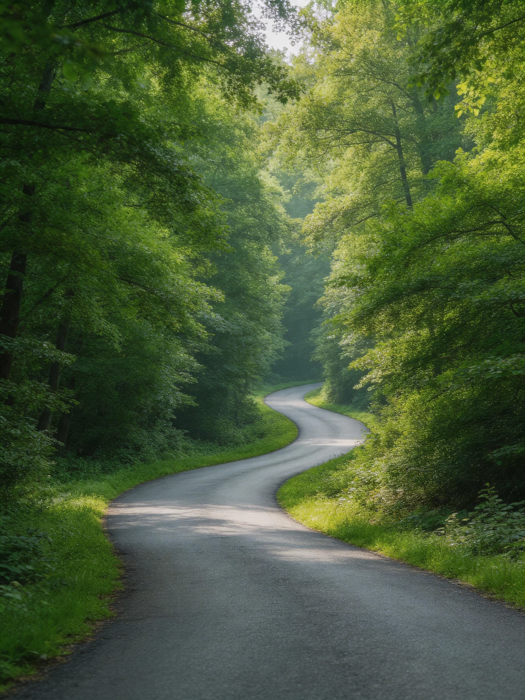 A winding asphalt path through lush, verdant woodland
