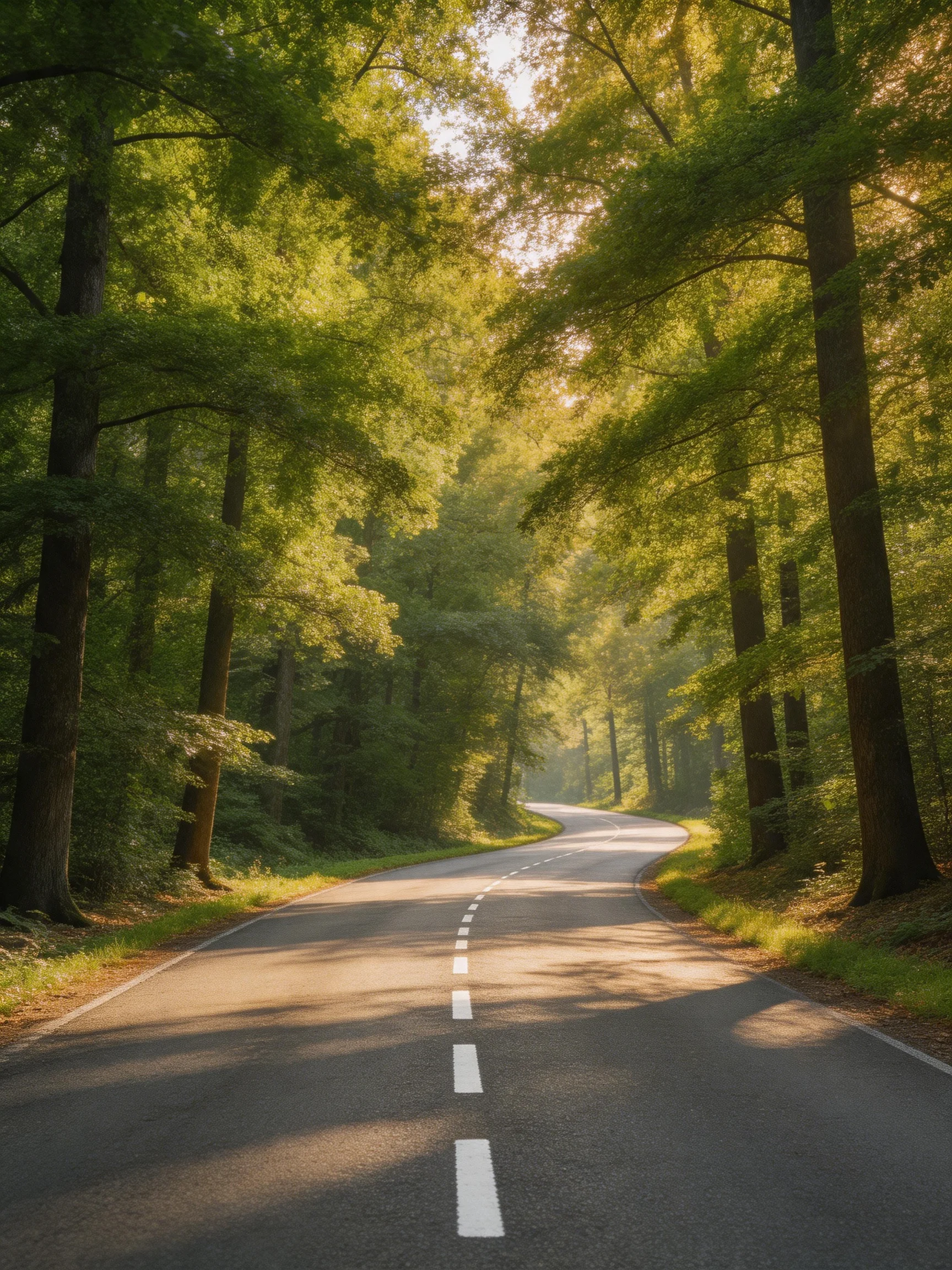 A winding asphalt road bordered by tall green forest trees