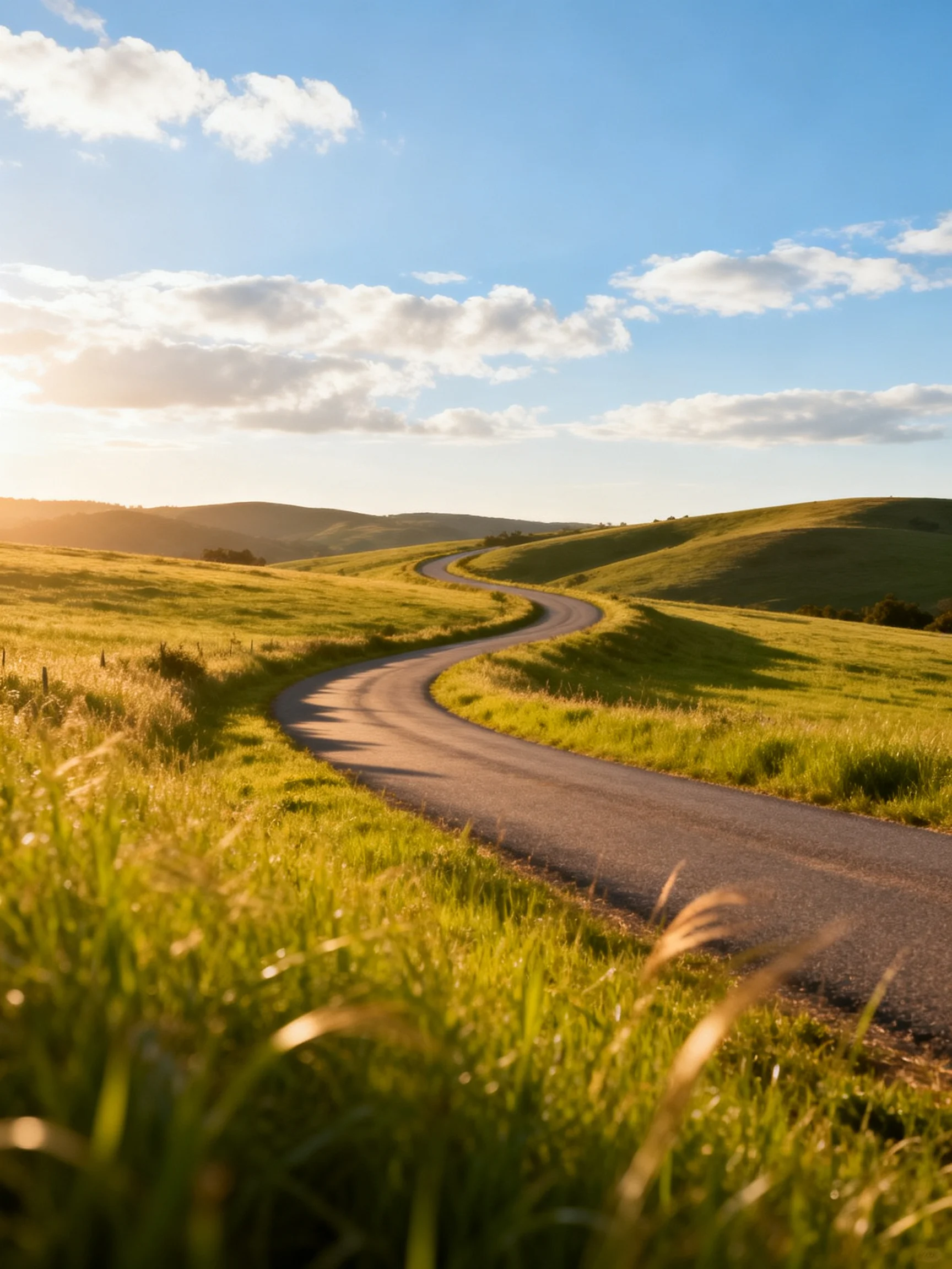 A winding asphalt road cuts through lush green hills under golden sunlight