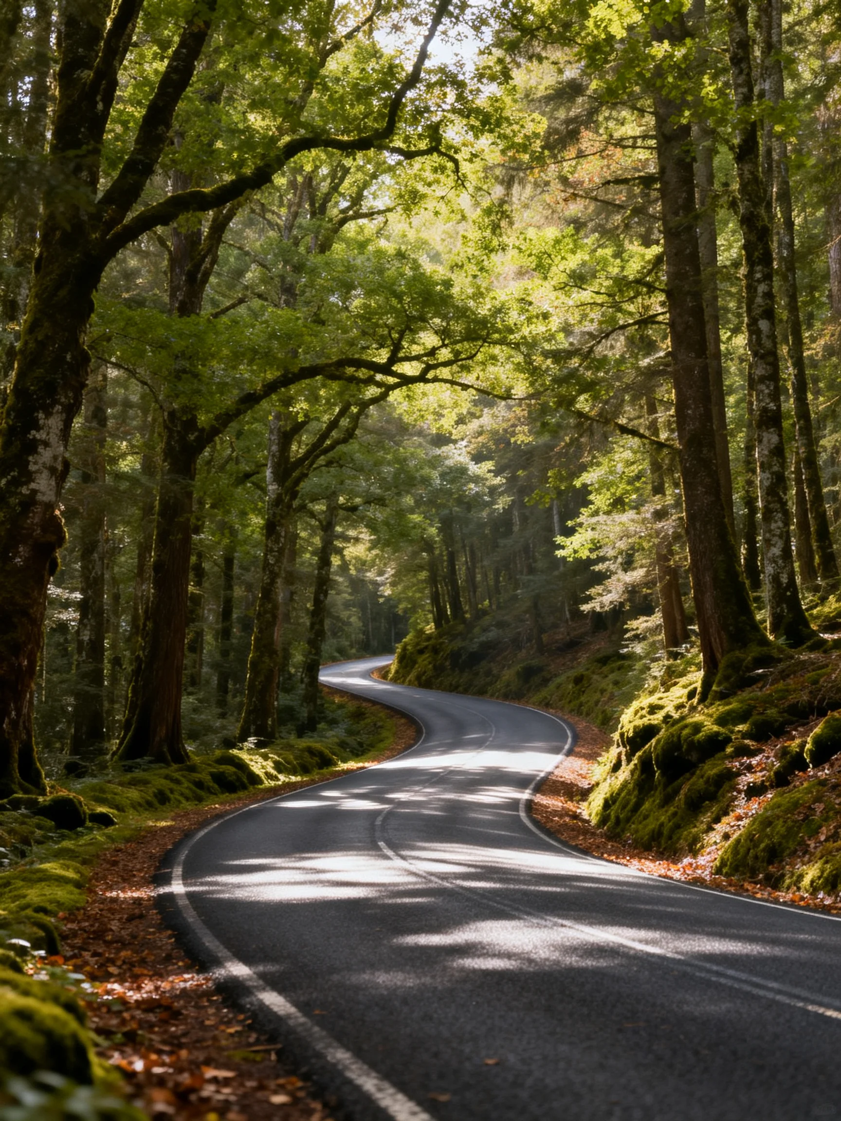 A winding asphalt road through dense green forest with mossy slopes
