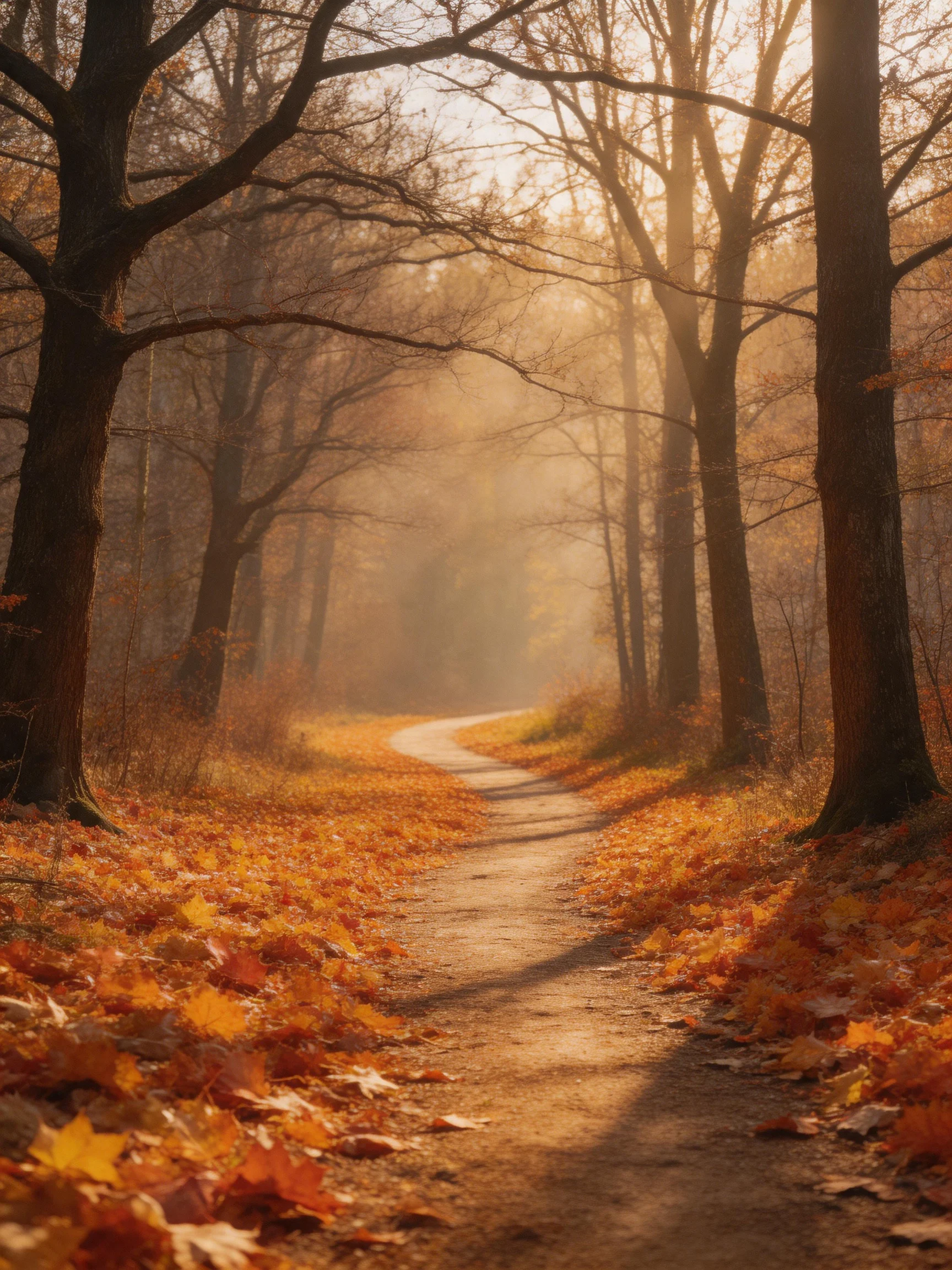 A winding autumn path lined with golden fallen leaves