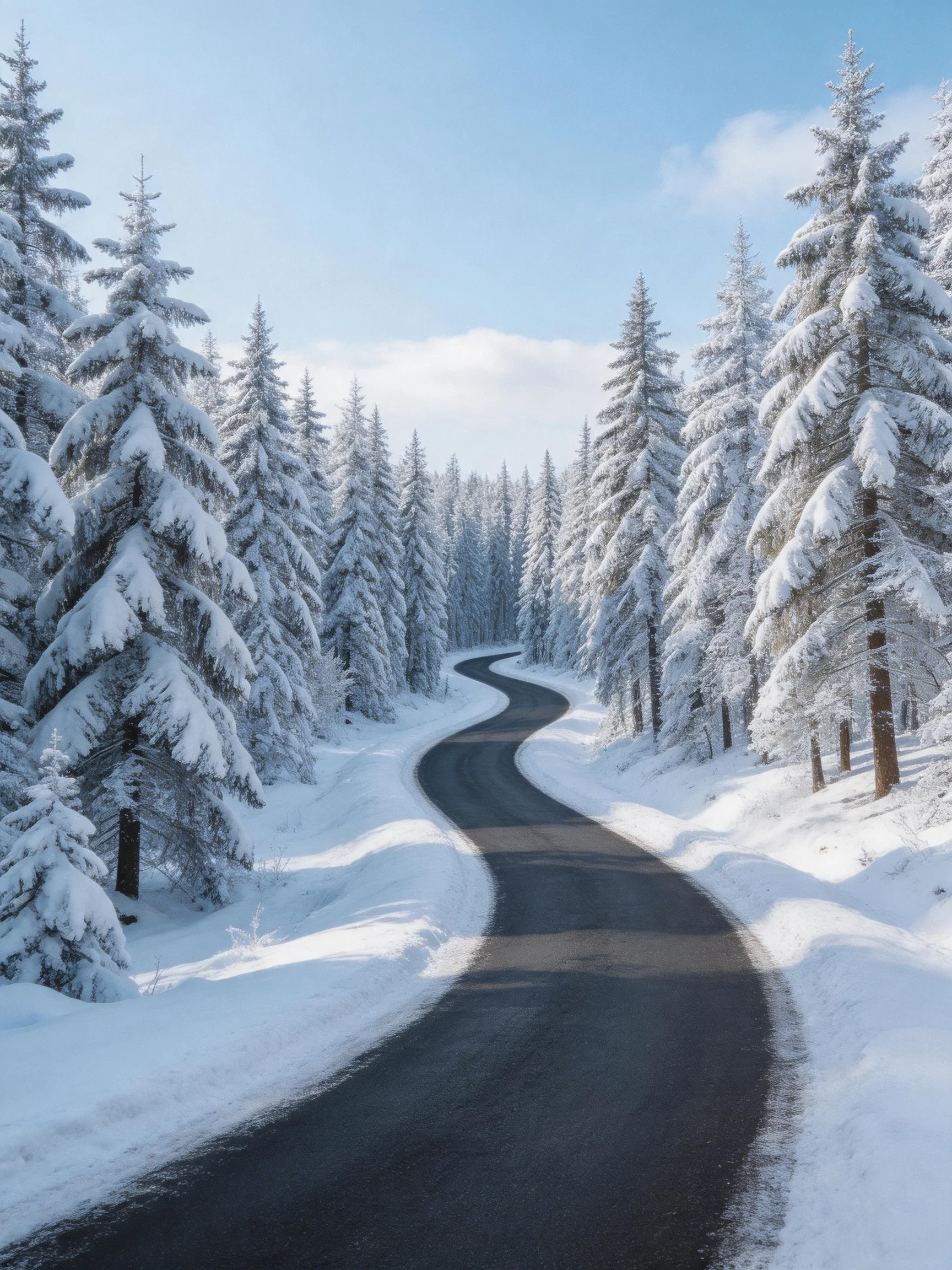 A winding black road through a snow-covered evergreen forest