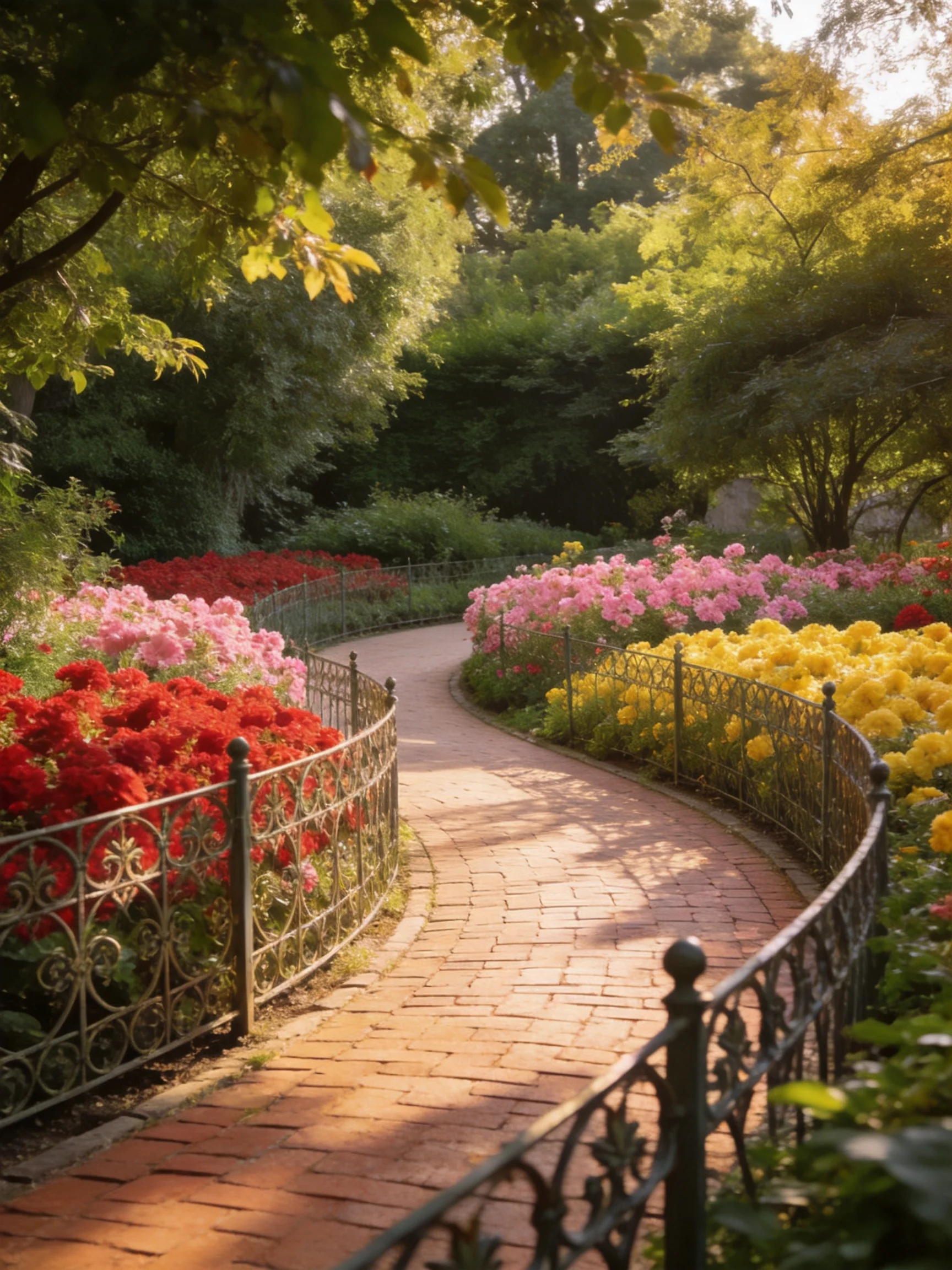 A winding brick path bordered by vibrant multicolored flower beds