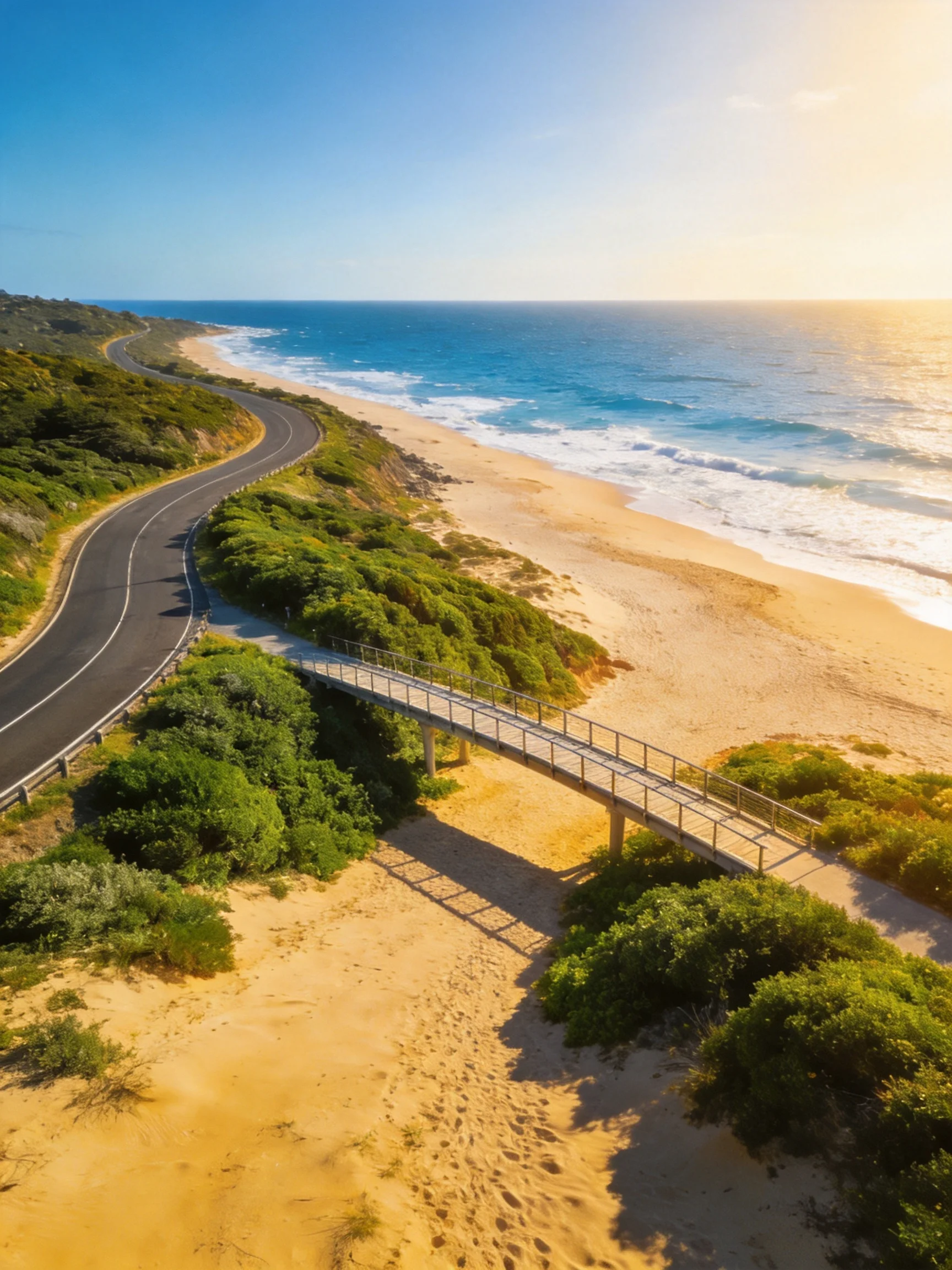A winding coastal road beside golden sand and blue sea