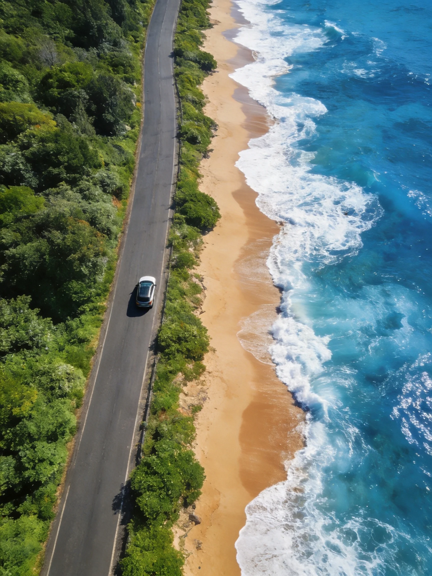 A winding coastal road beside golden sand and turquoise ocean
