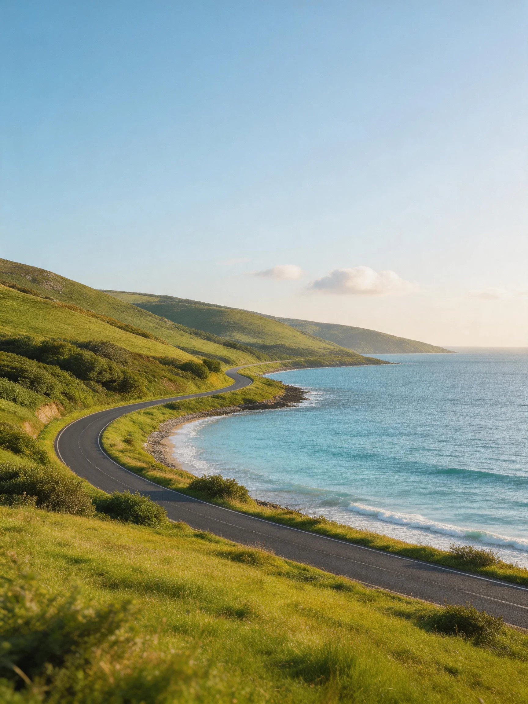 A winding coastal road beside lush green hills and turquoise waters