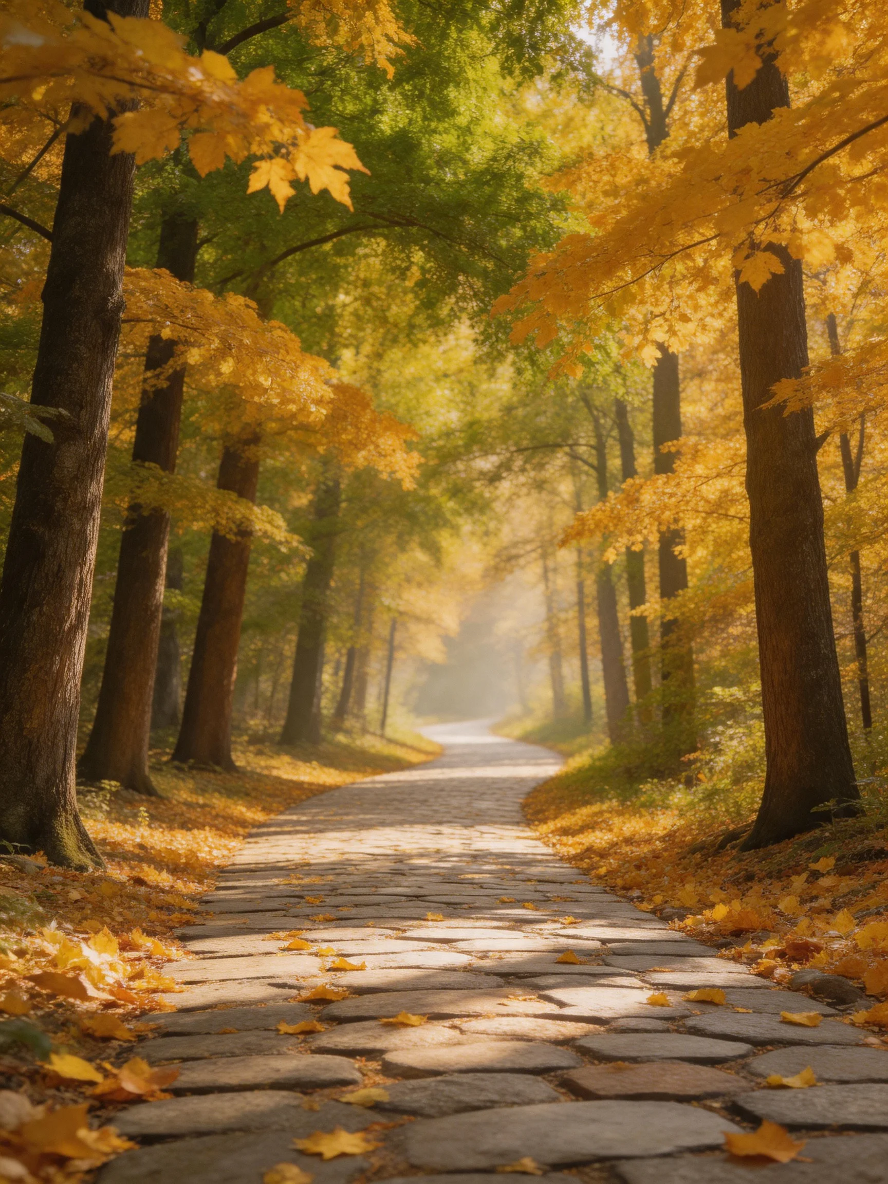 A winding cobblestone path lined with golden autumn foliage