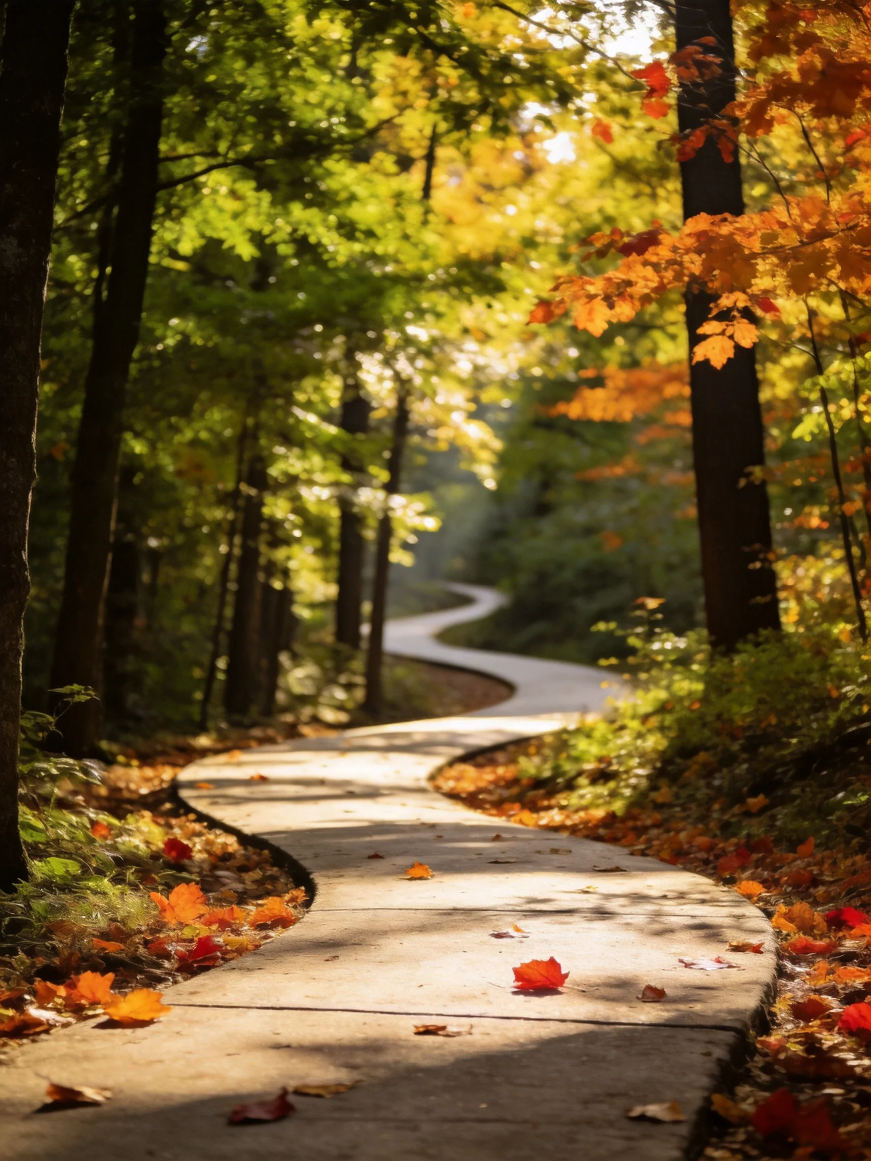 A winding concrete path through colorful autumn forest
