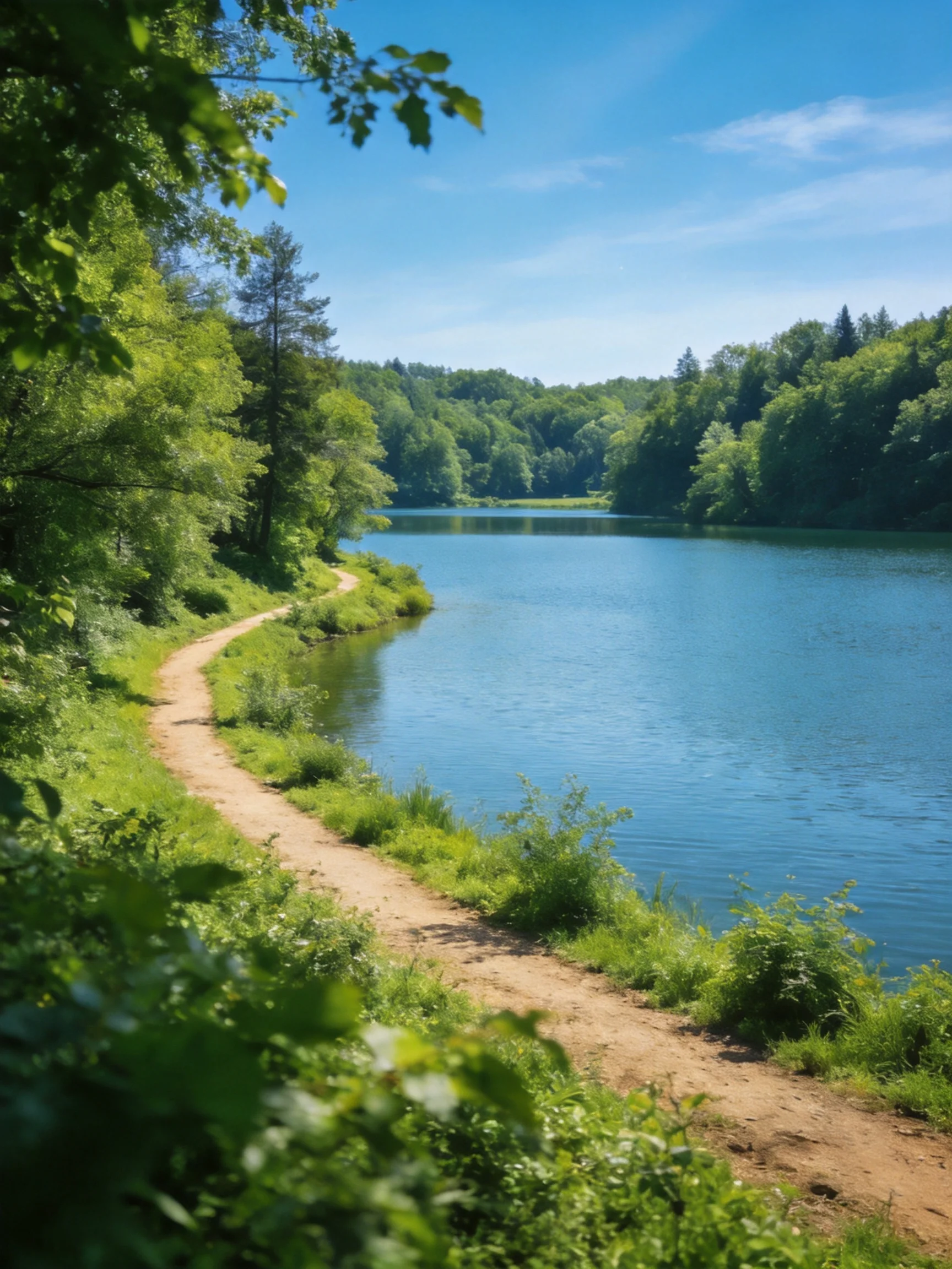 A winding dirt path beside a calm blue lake surrounded by lush green trees