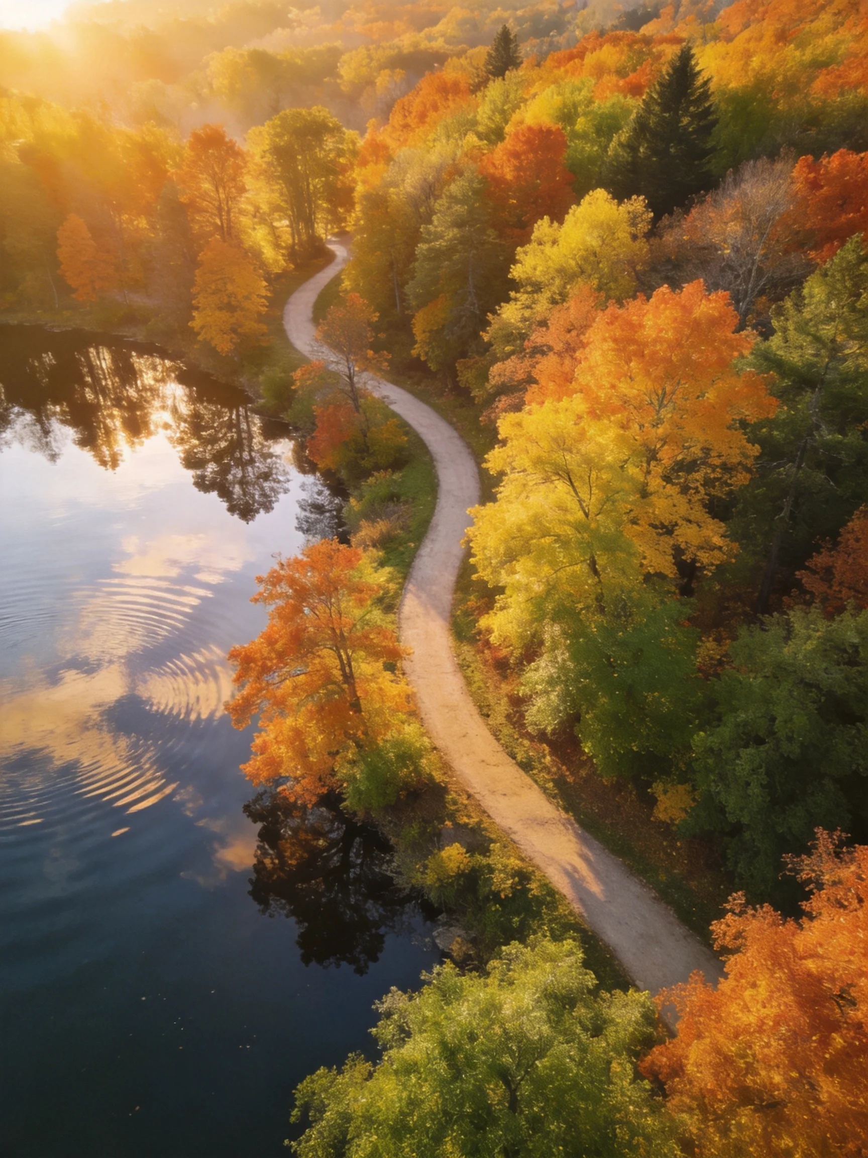 A winding dirt path beside a calm lake amid vibrant fall foliage