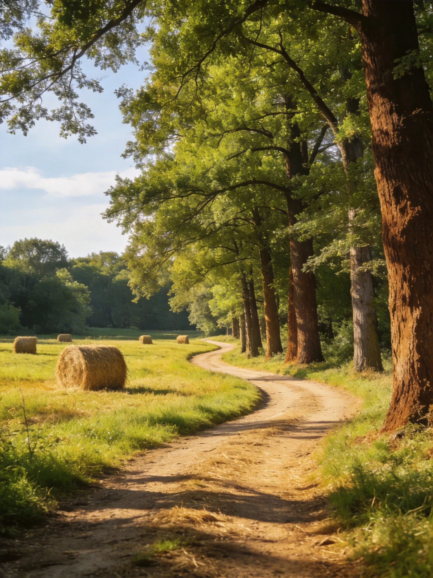 A winding dirt path beside tall oak trees near golden hay bales