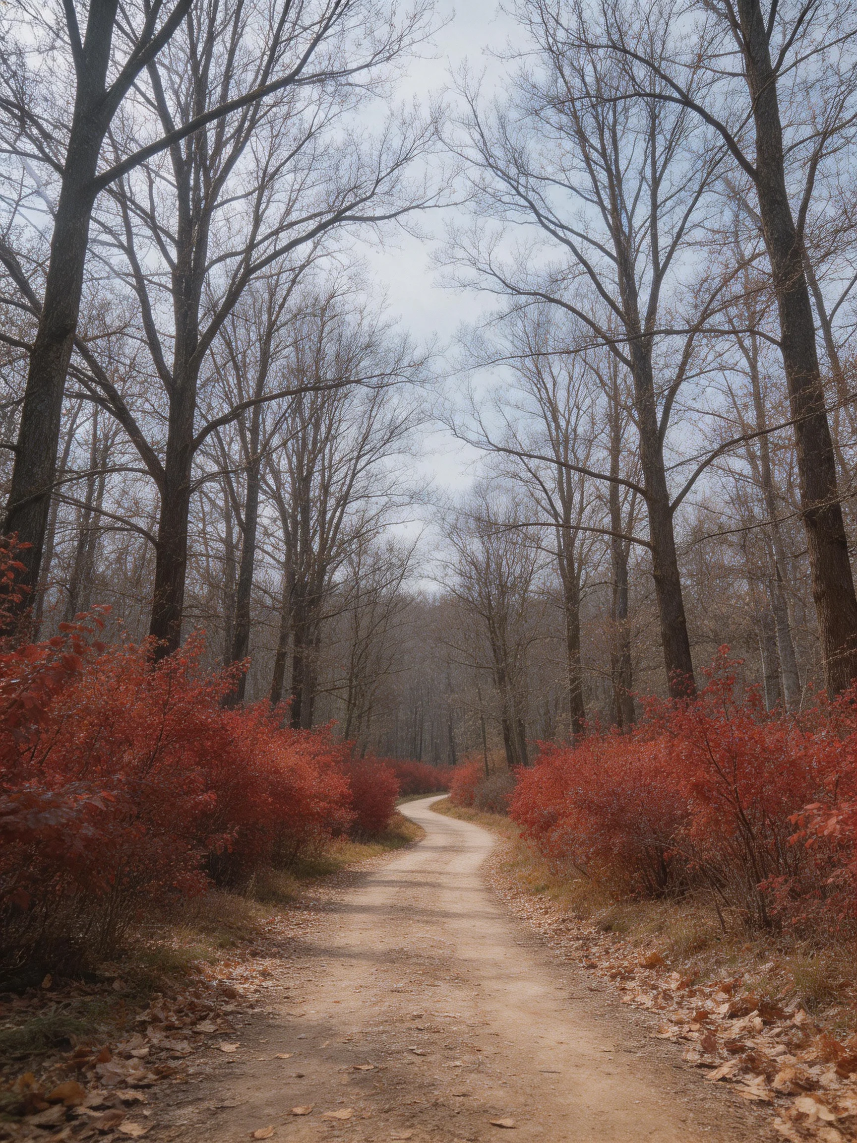 A winding dirt path bordered by bare trees and red shrubs