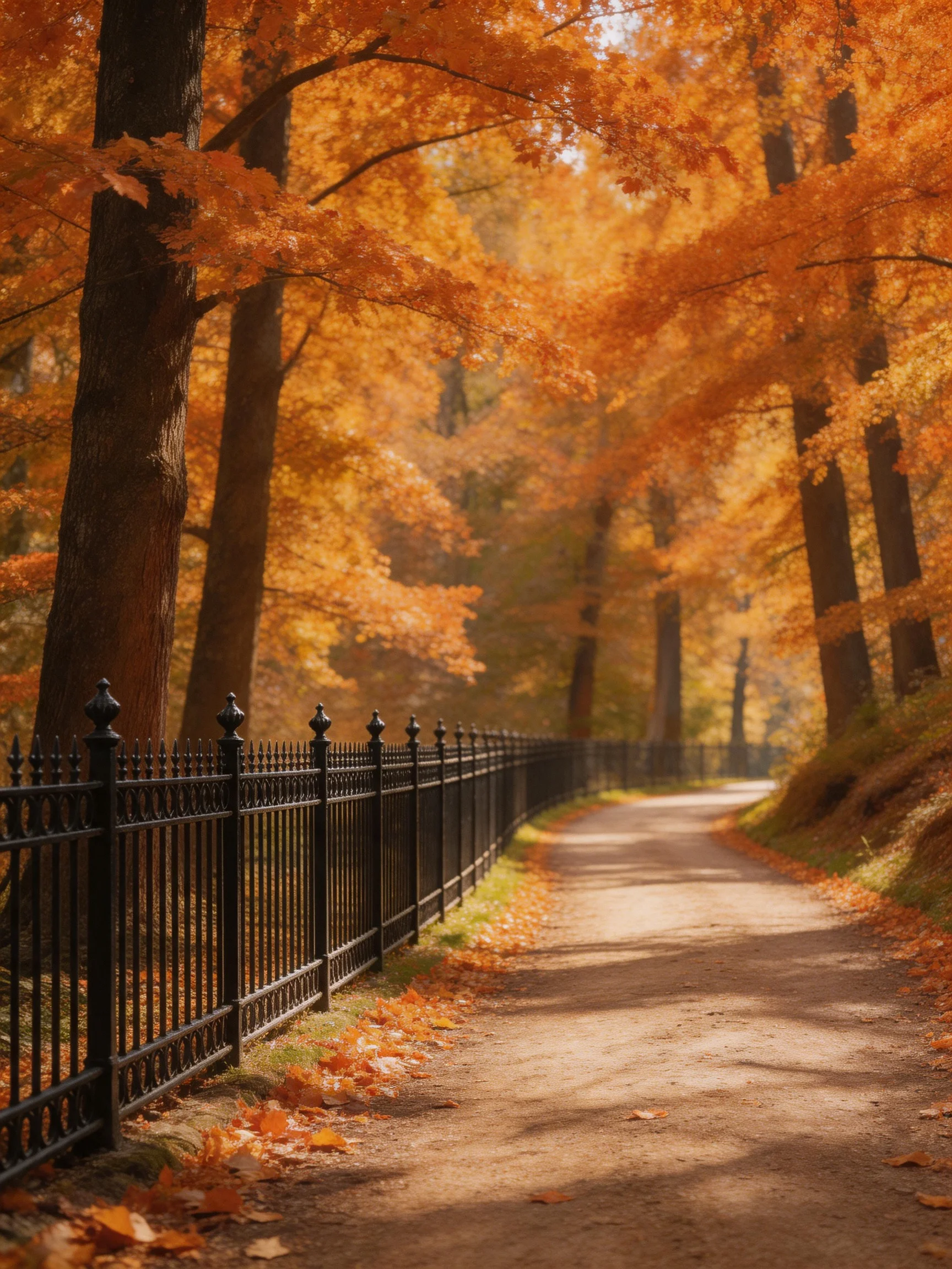 A winding dirt path bordered by black iron fence and golden autumn trees