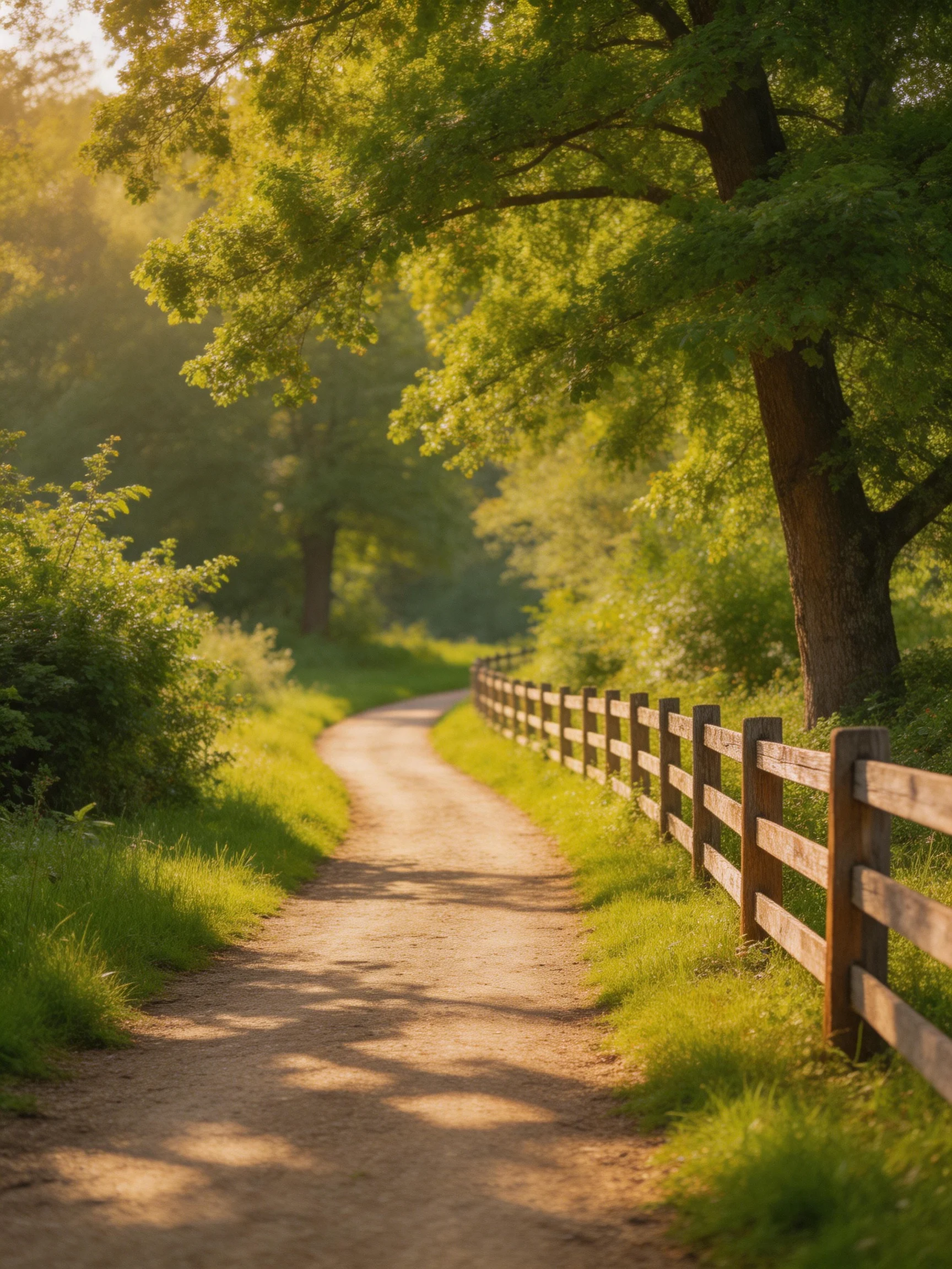 A winding dirt path bordered by wooden fence and lush green foliage